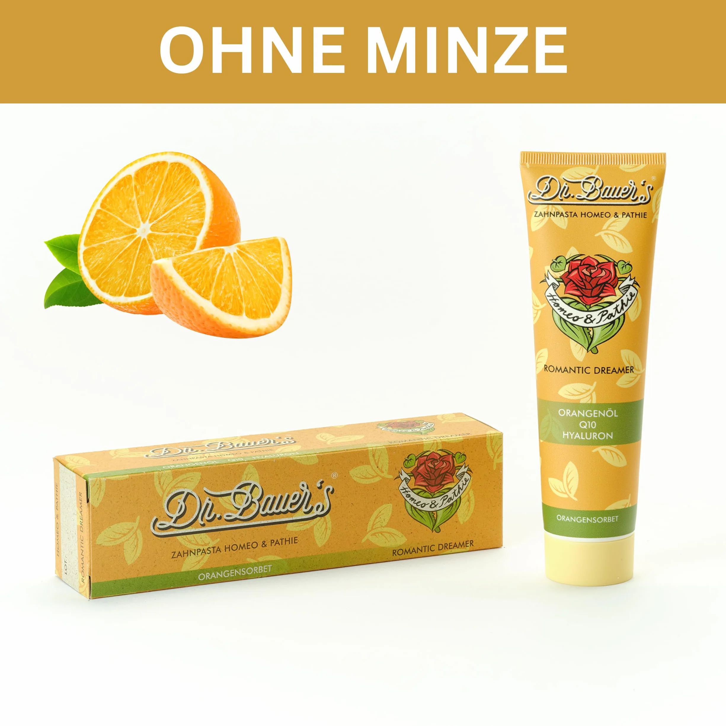 Dr. Bauer's Homeo & Pathie Romantic Dreamer, wegańska, homeopatyczna, z kwasem hialuronowym, Q10, witaminą B12 i olejkiem pomarańczowym, owocowy smak pomarańczy, delikatna pielęgnacja zębów dla