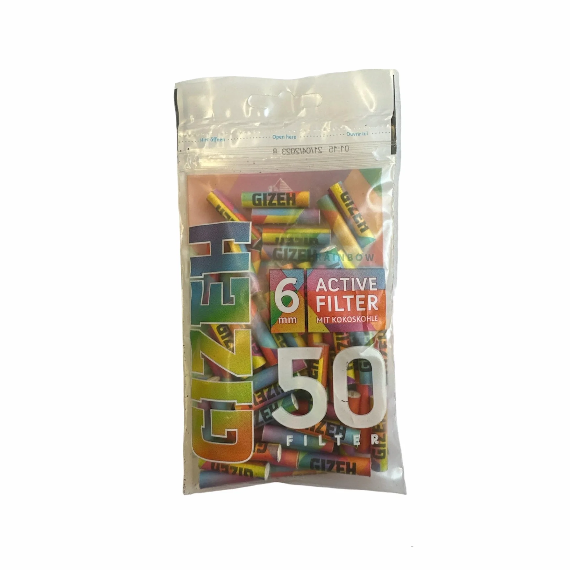 GIZEH Raucherbedarf 20576 Gizeh filtr z węglem aktywnym, wąski rozmiar, 6 mm, tęczowy worek PE 50 szt., papier