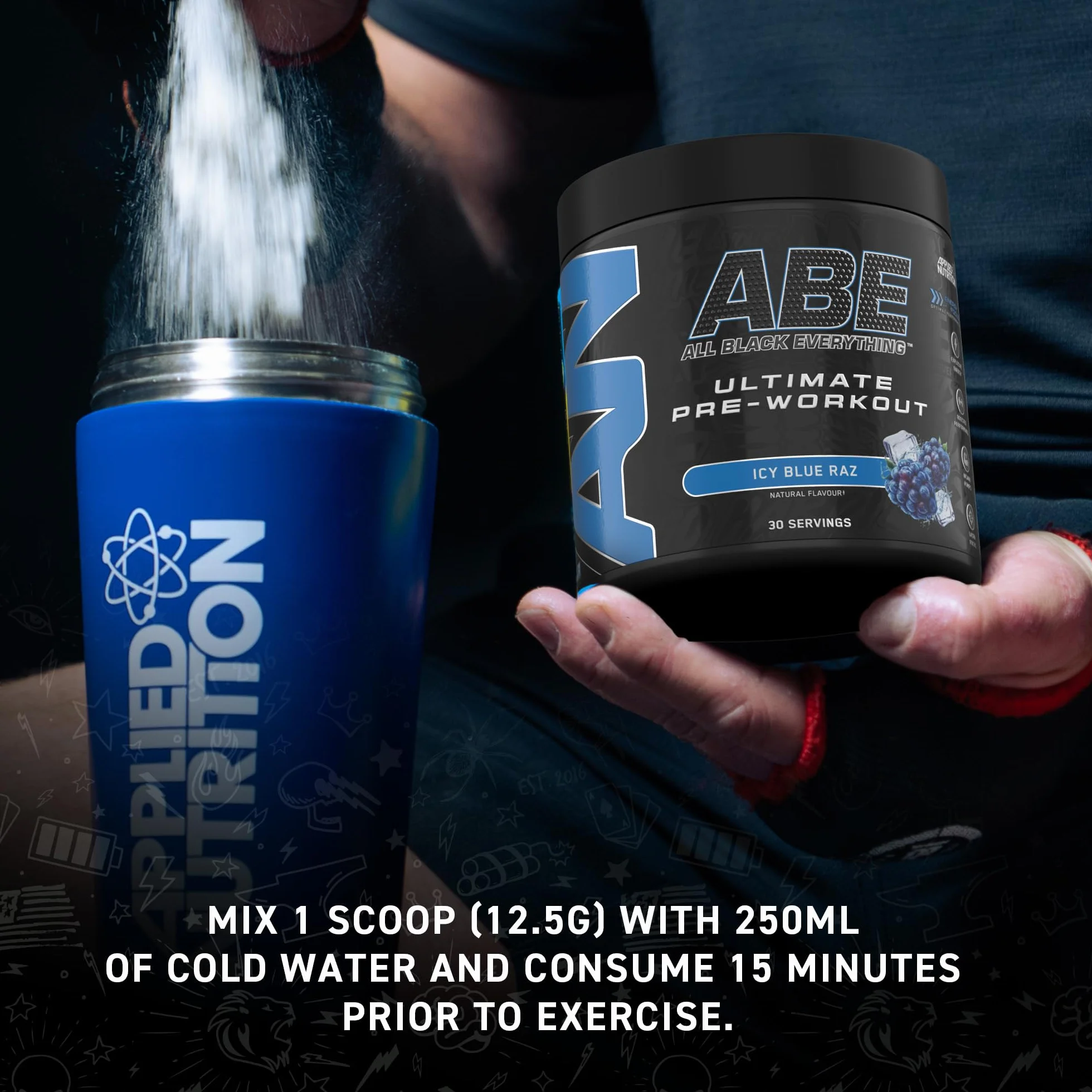 Applied Nutrition ABE Pre Workout - All Black Everything Pre Workout Powder, Energia i Wydolność Fizyczna z Cytruliną, Kreatyną, Beta-Alaniną (Energy Flavour, 375g - 30 porcji)