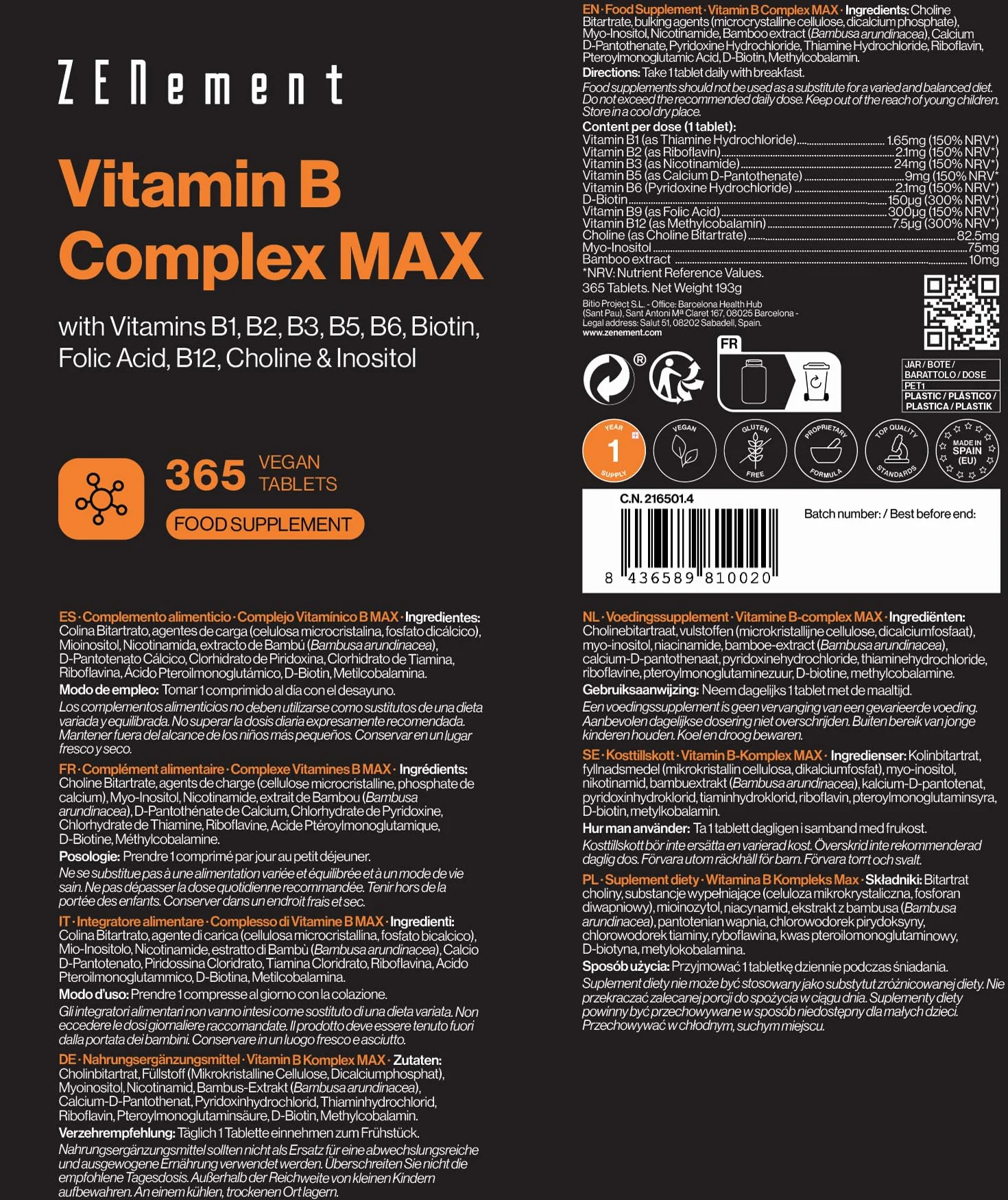 Witamina B Kompleks Max 365 Tabletki Wegańskie Zenement