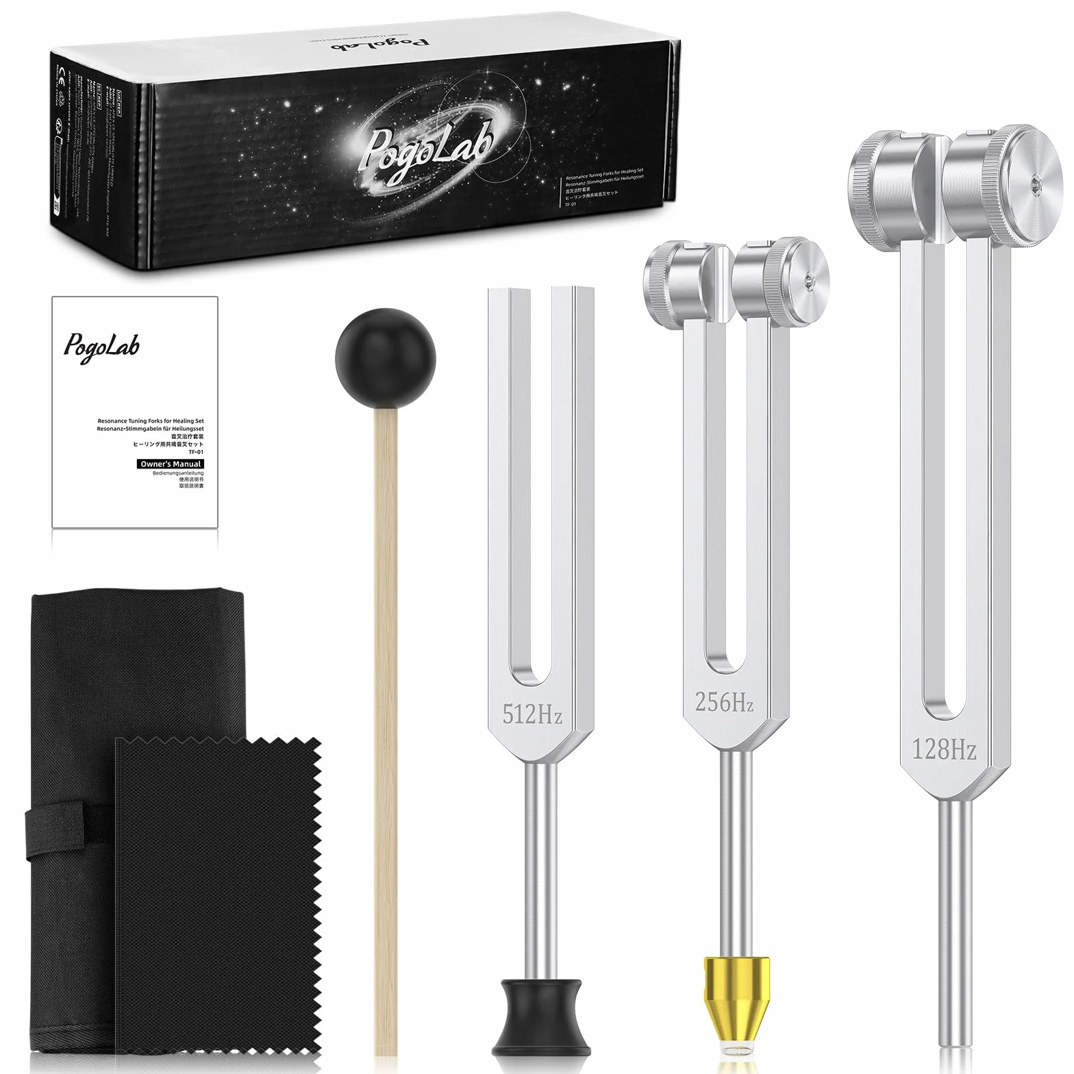 Uzdrawiający diapason (128 Hz, 256 Hz, 512 Hz) z kryształową podstawą do czakr, terapii dźwiękowej, medytacji i jogi