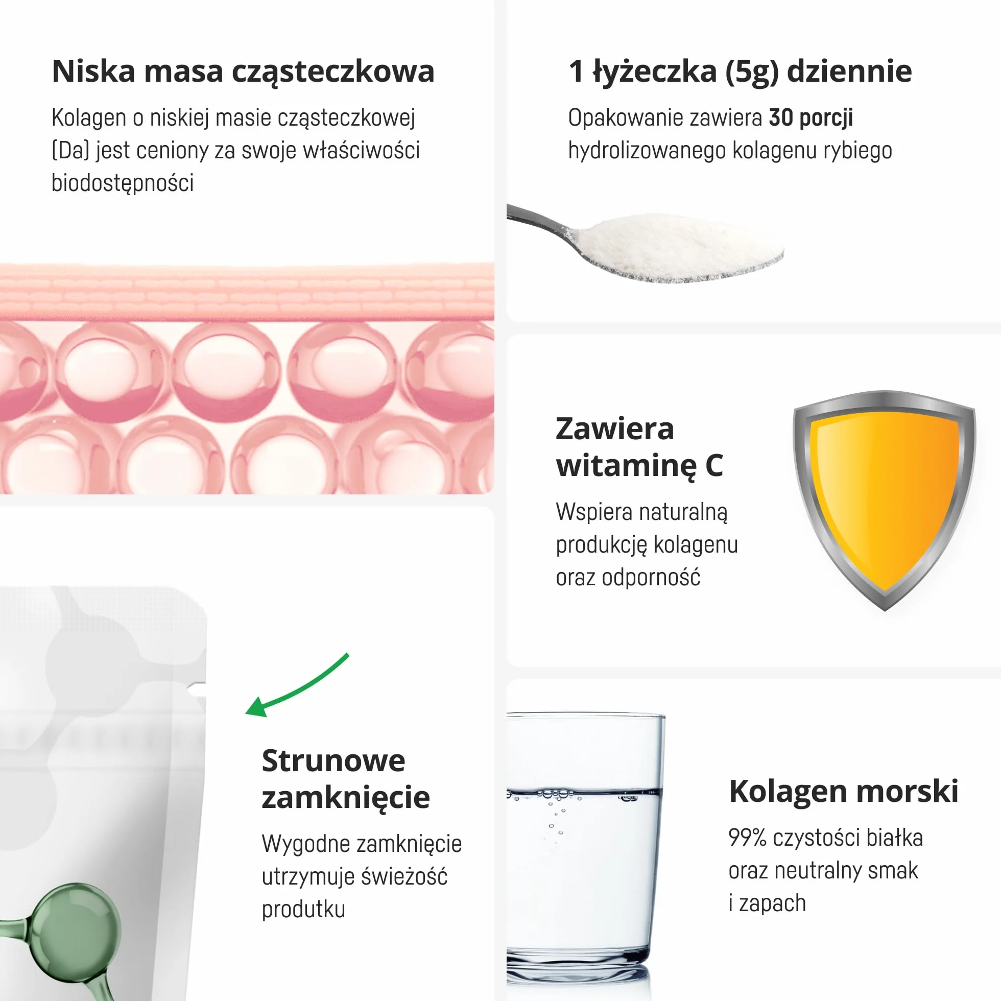 Kolagen morski hydrolizowany w proszku z witaminą C – Naticol 5000 mg, peptydy 2000 Dalton – Typ I i III – Czysty, bez smaku – Hi Collagen (30 porcji, 1 miesiąc)
