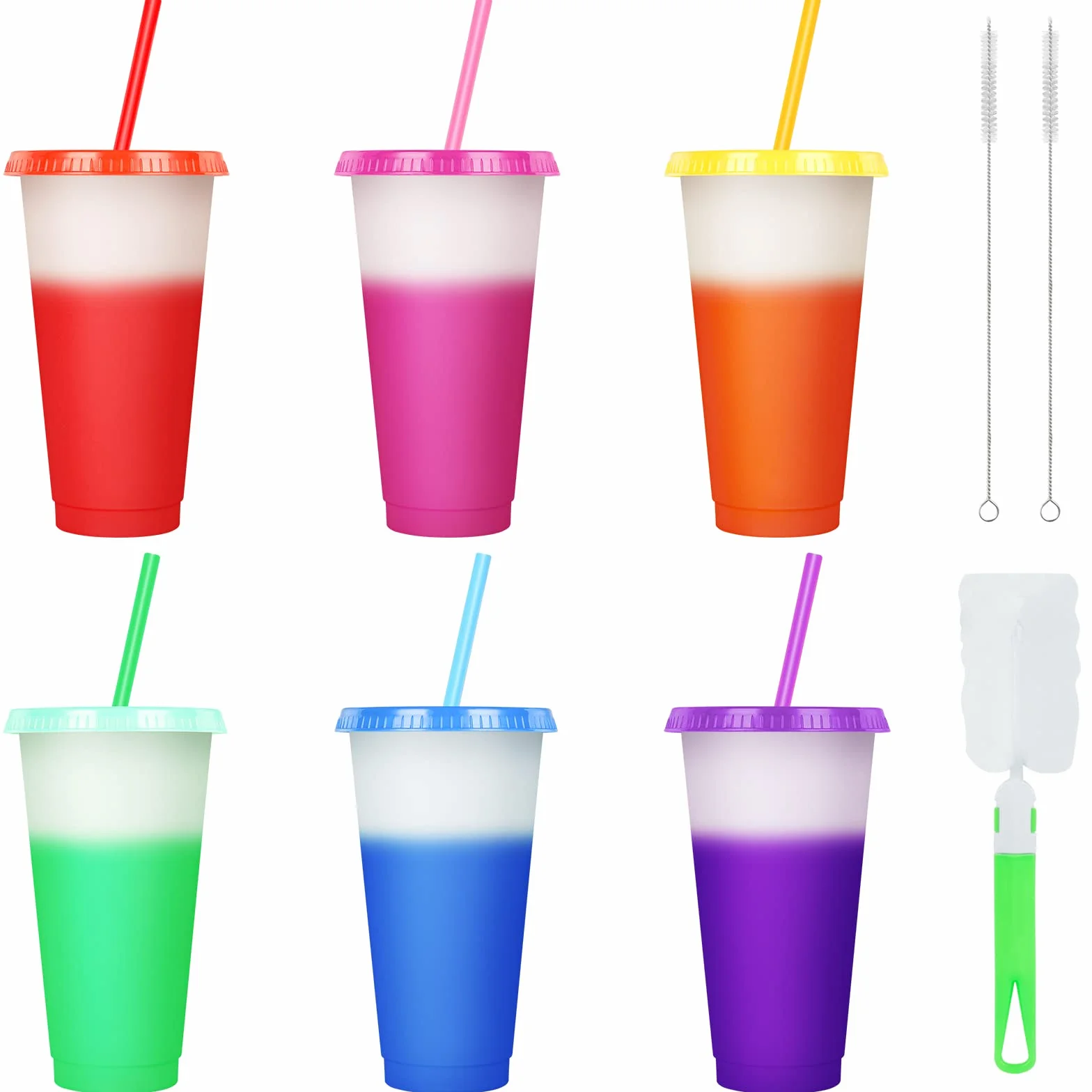 Zestaw 6 sztuk kubków zmieniających kolor 710 ml BPA free plastik podróżny z pokrywką i słomką