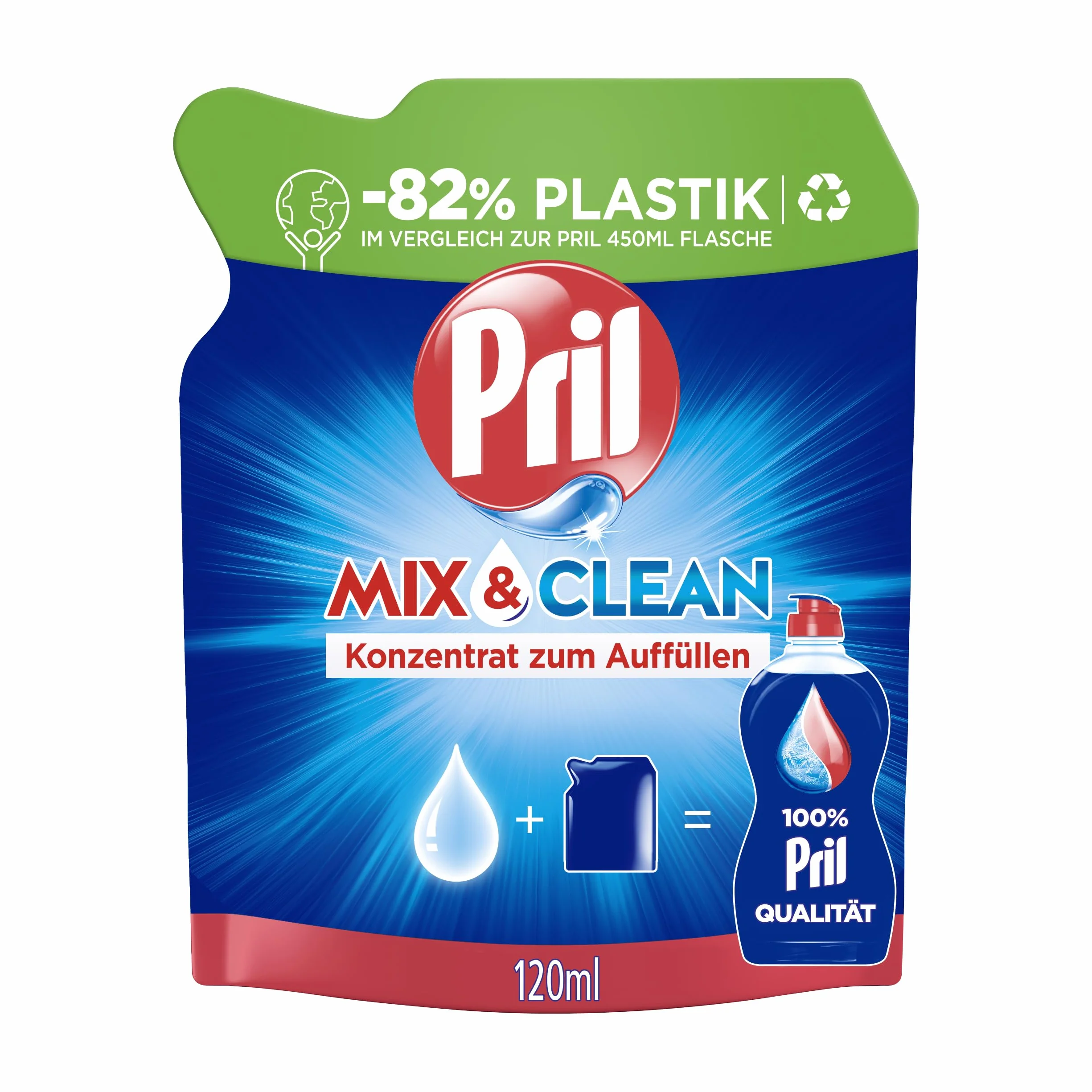 Pril Mix & Clean koncentrat do napełniania (120 ml), płyn do ręcznego mycia naczyń o najwyższej mocy rozpuszczania tłuszczu, do czystych naczyń również w zimnej wodzie, 82% mniej plastiku