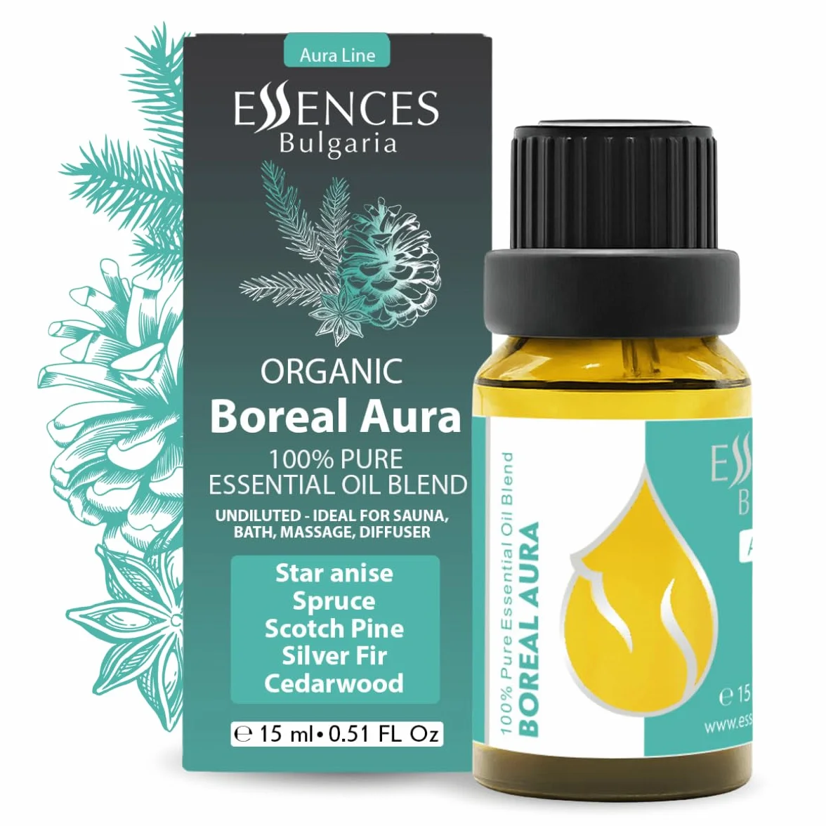 Mieszanka olejków eterycznych Essences Bulgaria Boreal Aura 15 ml | Jodła, sosna, świerk, anyż gwiaździsty, cedr | Aromaterapia, sauna i SPA | 100% czysty, nierozcieńczony