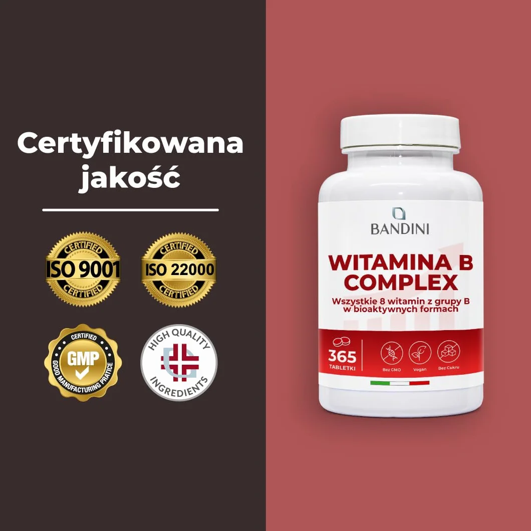 Bandini® Kompleks witamin B w dużych dawkach - 365 tabletek wegańskich (na 1 rok) - Kompleks witamin grupy B z kwasem foliowym, biotyną, B1, B2, B3, B5, B6, B12 - Kompleks witamin B bez GMO