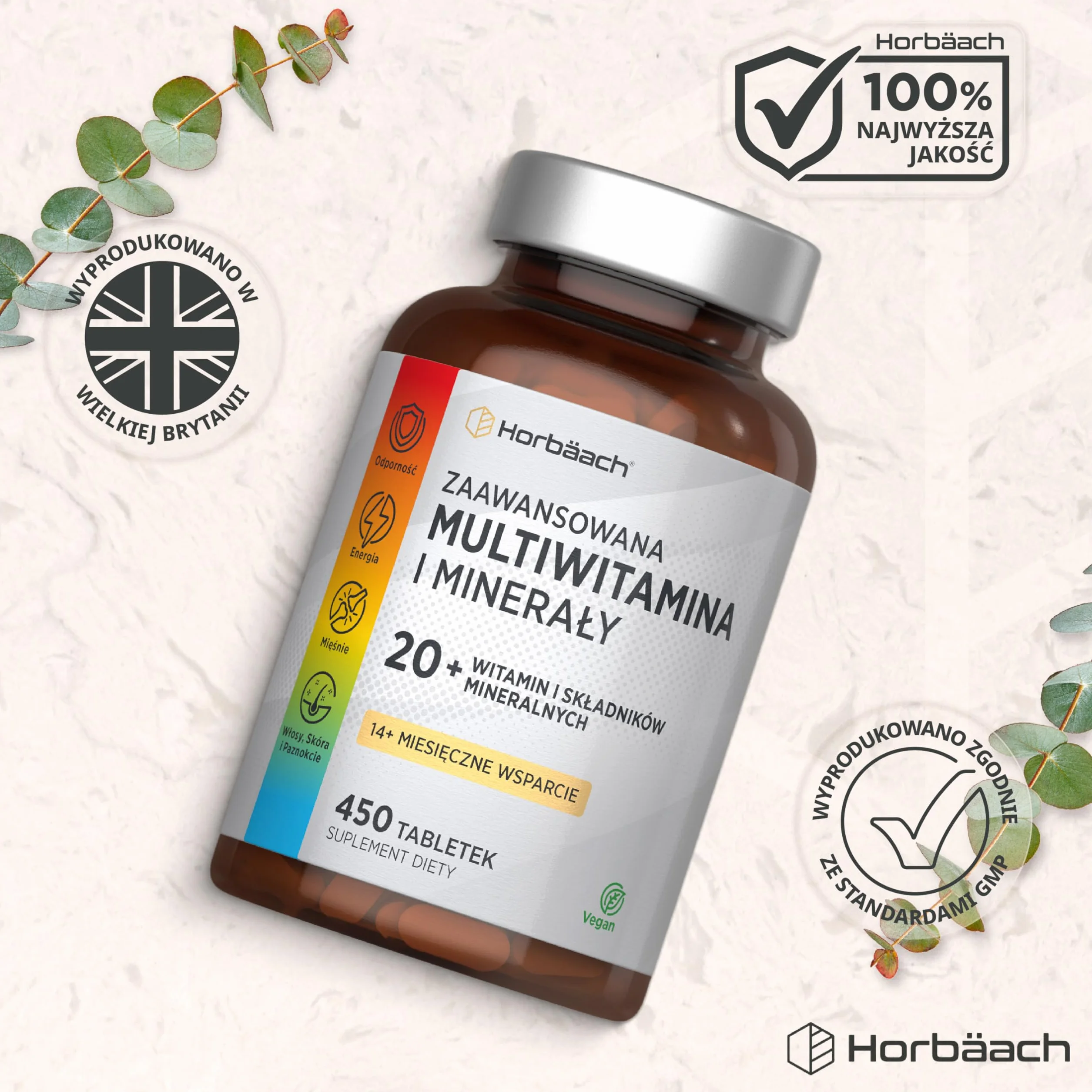 Multiwitamina z Witaminami i Minerałami | 450 Tabletek (13 Miesięcy) | Niezbędne Składniki Odżywcze A–Z, W Tym Witamina D, B12, Cynk i Żelazo | Wegański Suplement | marki Horbaach