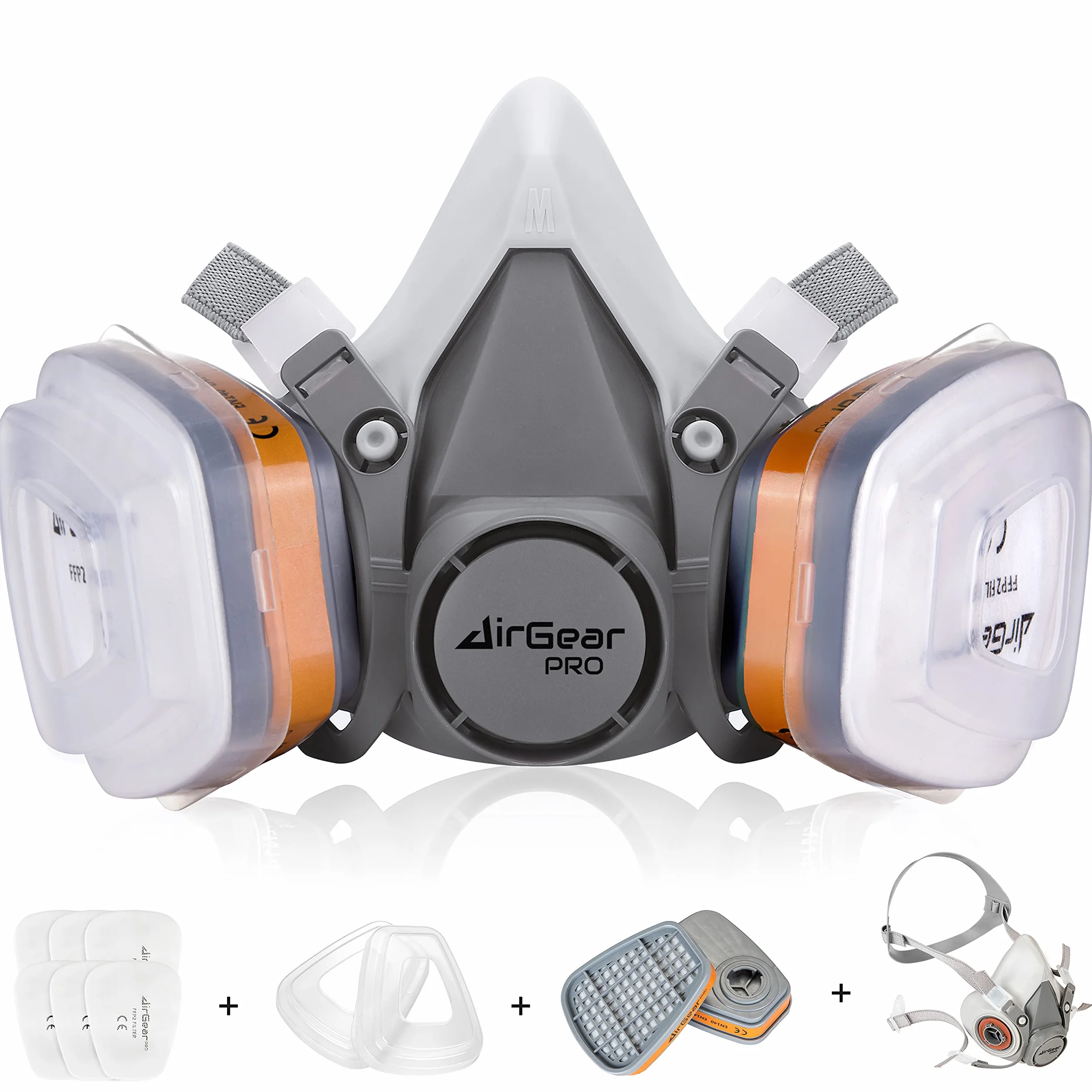 AirGearPro M-500 Maska wielokrotnego użytku, pyłoszczelna, przeciwgazowa z filtrami do malowania, pracy, majsterkowania, szlifowania