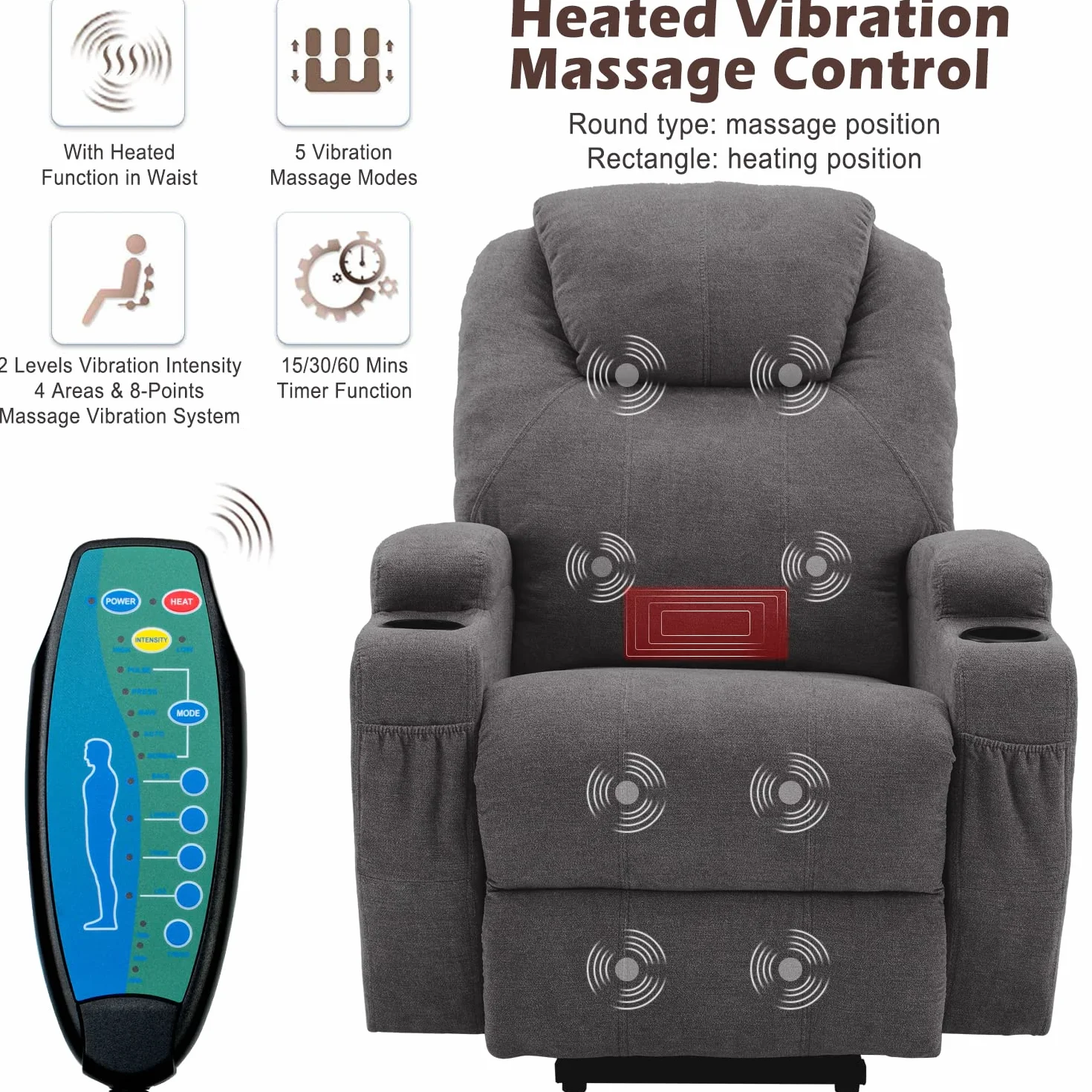 Power Lift Fotel do masażu dla osób starszych, elektryczny fotel podnoszący z ciepłem i masażem, sofa z tkaniny z 2 uchwytami na kubki, boczne kieszenie sterujące do salonu, dostępne w Irlandii