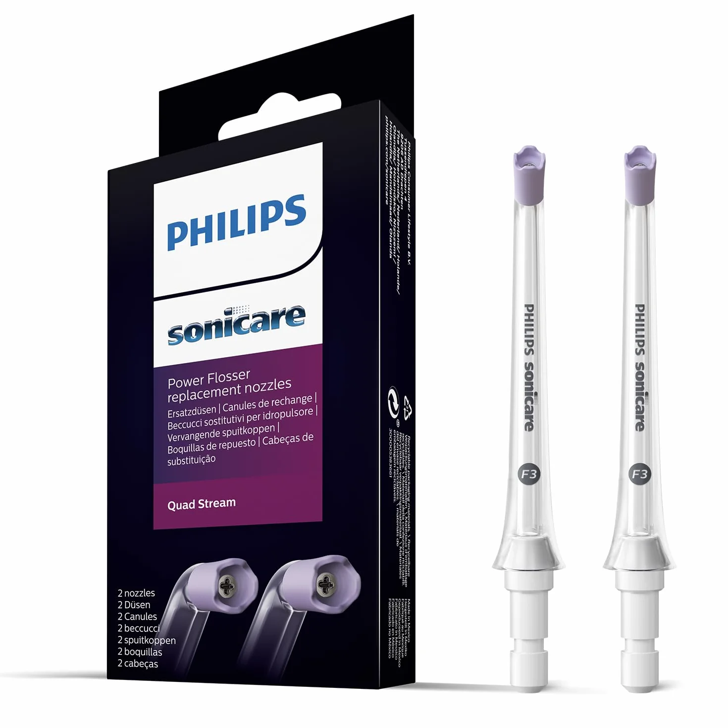 Nasadka irygatora doustnego Philips Sonicare Quad Stream F3, dwie sztuki — do czyszczenia przestrzeni między zębami za pomocą urządzenia bezprzewodowego Philips Sonicare Power Flosser model HX3062/00