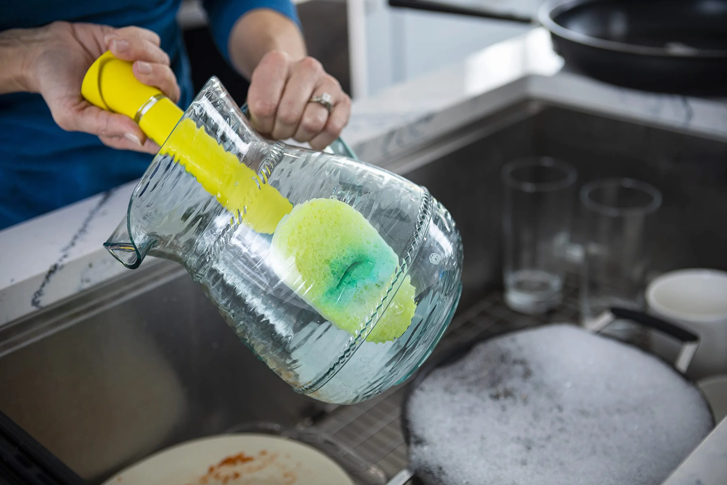 Scrub Daddy Dish Daddy FlexTexture Gąbka do Naczyń z Uchwytem i Dozownikiem Płynu, Niebieski