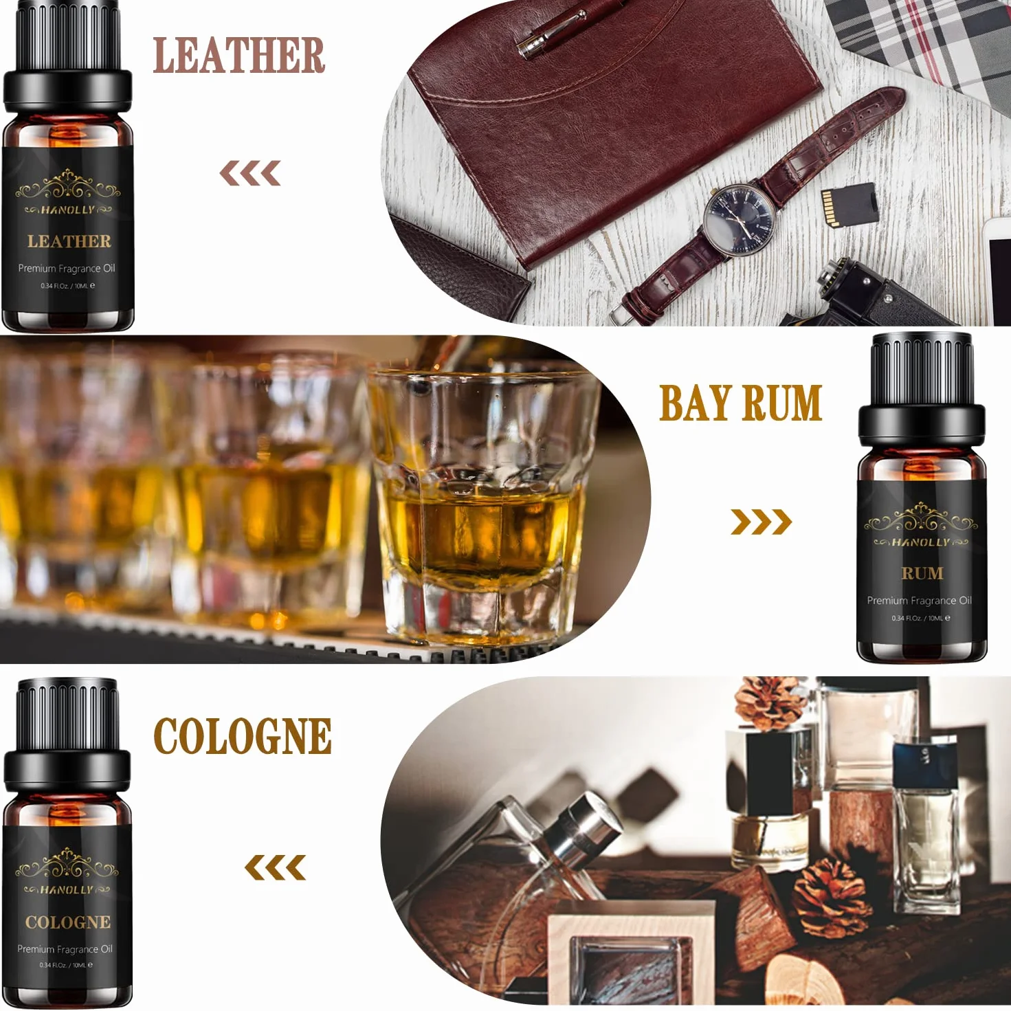 Hanolly Zestaw Olejków Eterycznych Dla Mężczyzn 6 x 10ml, Olejki Do Dyfuzorów Zapachowych Do Aromaterapii, Perfum I Wyrobu Świec – Drzewo Sandałowe, Cedr, Skóra, Słodki Tytoń, Rum, Woda Kolońska