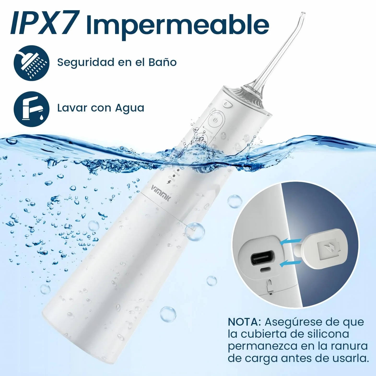 Vimmk bezprzewodowy irygator do zębów, elektryczny przyrząd do czyszczenia zębów, 5 trybów i 8 dysz, USB-C, możliwość ponownego ładowania, wodoszczelność IPX7, kolor beżowy