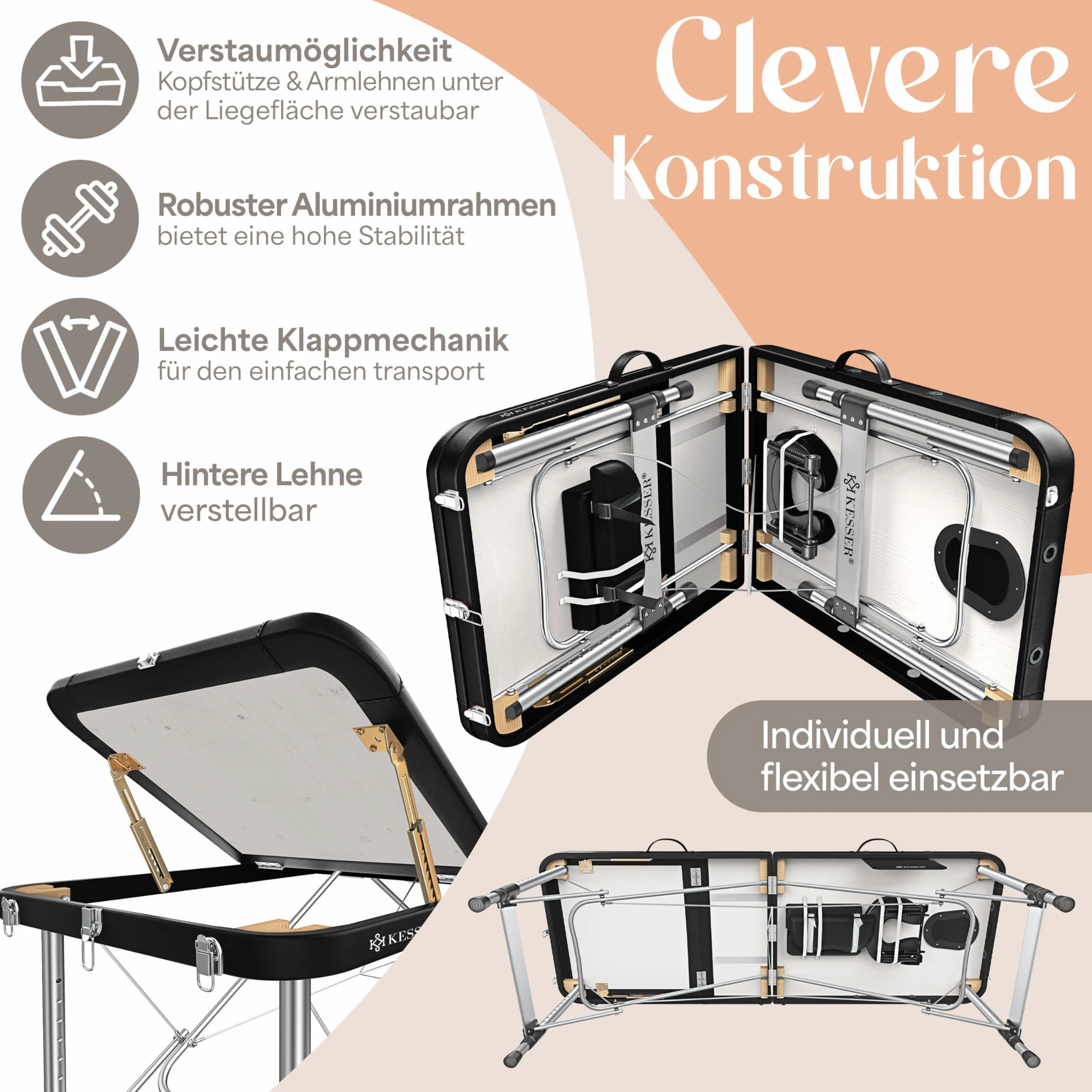 KESSER Składany mobilny stół do masażu z 3 strefami z regulacją wysokości łóżeczko do masażu Leżak kosmetyczny szeroki aluminiowy leżak terapeutyczny + 10 podnóżków