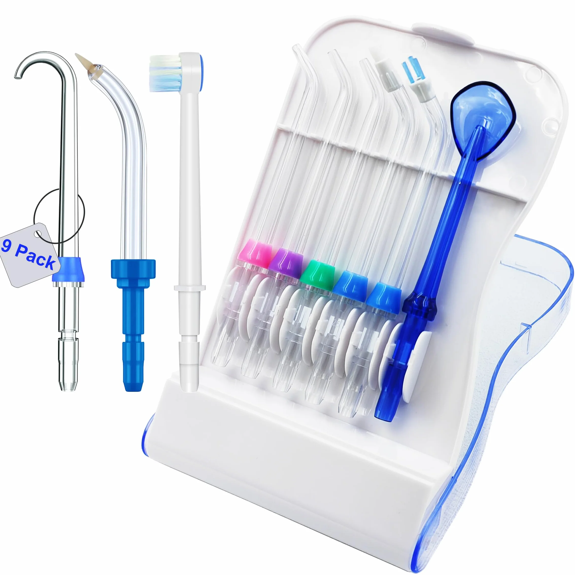 Wymienne końcówki kompatybilne z irygatorem wodnym Waterpik, etui do przechowywania i 9 końcówkami, kompatybilne z Waterpik Aquarius Water Flosser, WP-660, WP-580, WF-20, CC-04, WP-662, WP-667CD, WF