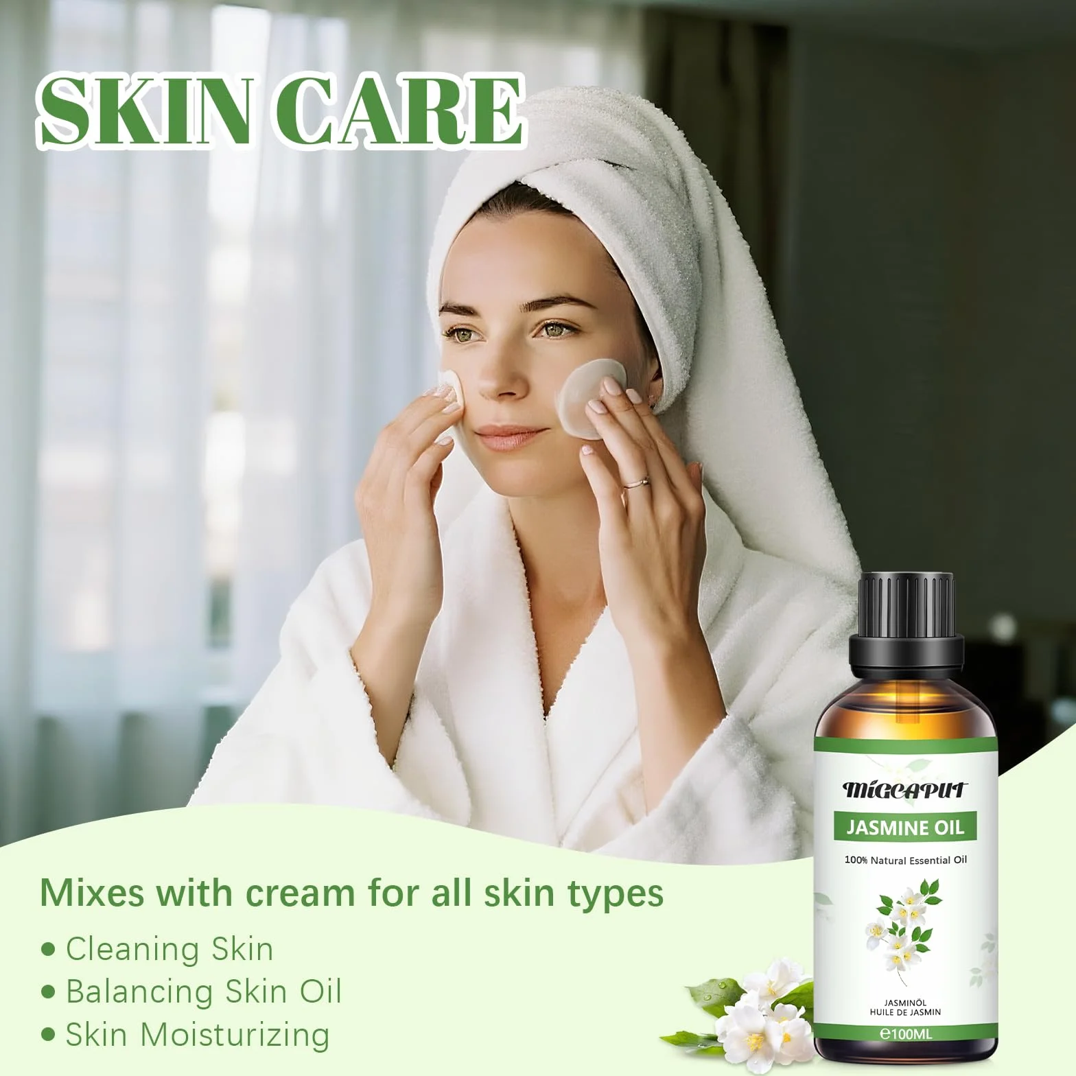 MIGCAPUT Olejek Eteryczny Jaśminowy 100ML, Naturalny Olejki Aromaterapeutyczny, Jaśminowy Olejek Zapachowy Premium do Dyfuzora, SPA, Masażu, Ręcznie Robione Mydło, Ręcznie Robione Świece