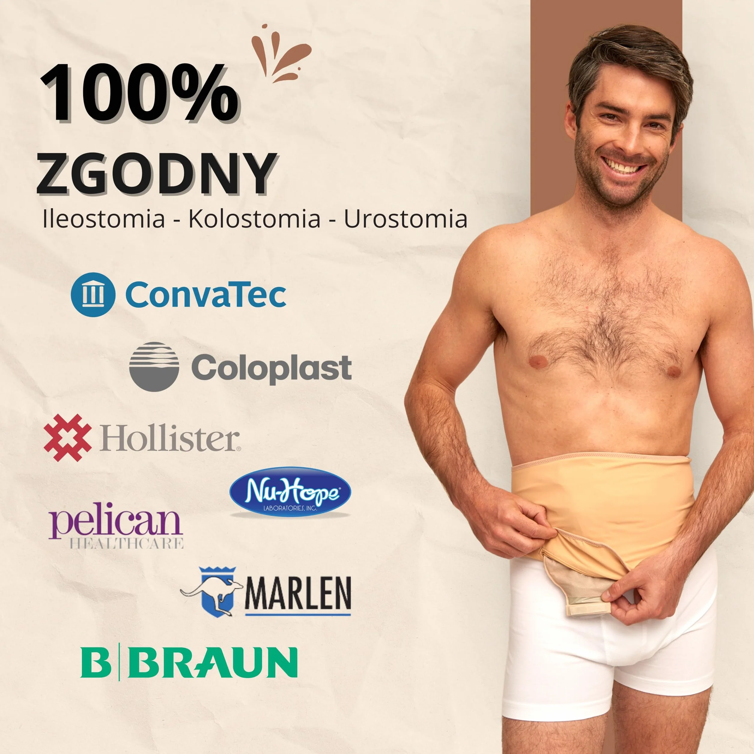 SIIL Pas stomijny Mężczyźni i kobiety beżowy, Osłony na worki stomijne Do Sporty i pływanie, Kompatybilne do Ileostomia, Urostomia Osłona na worek kolostomijny. Zrobione w EU