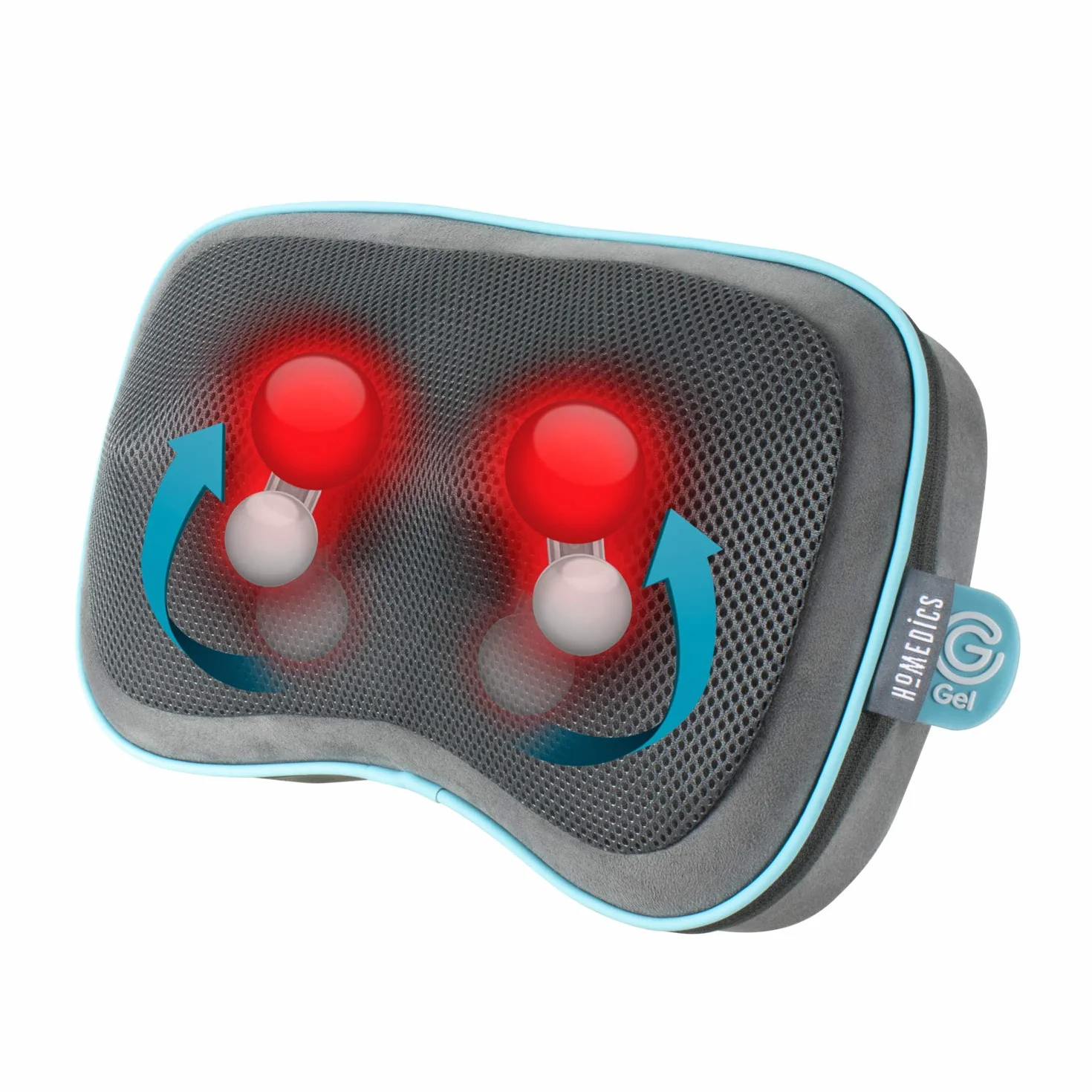HoMedics Poduszka podróżna Gel Shiatsu, poduszka do masażu na nogi, lędźwiowego, ramion i szyi, do ładowania, rozmiar podróżny ze zintegrowanymi kontrolkami, w tym walizka, szara