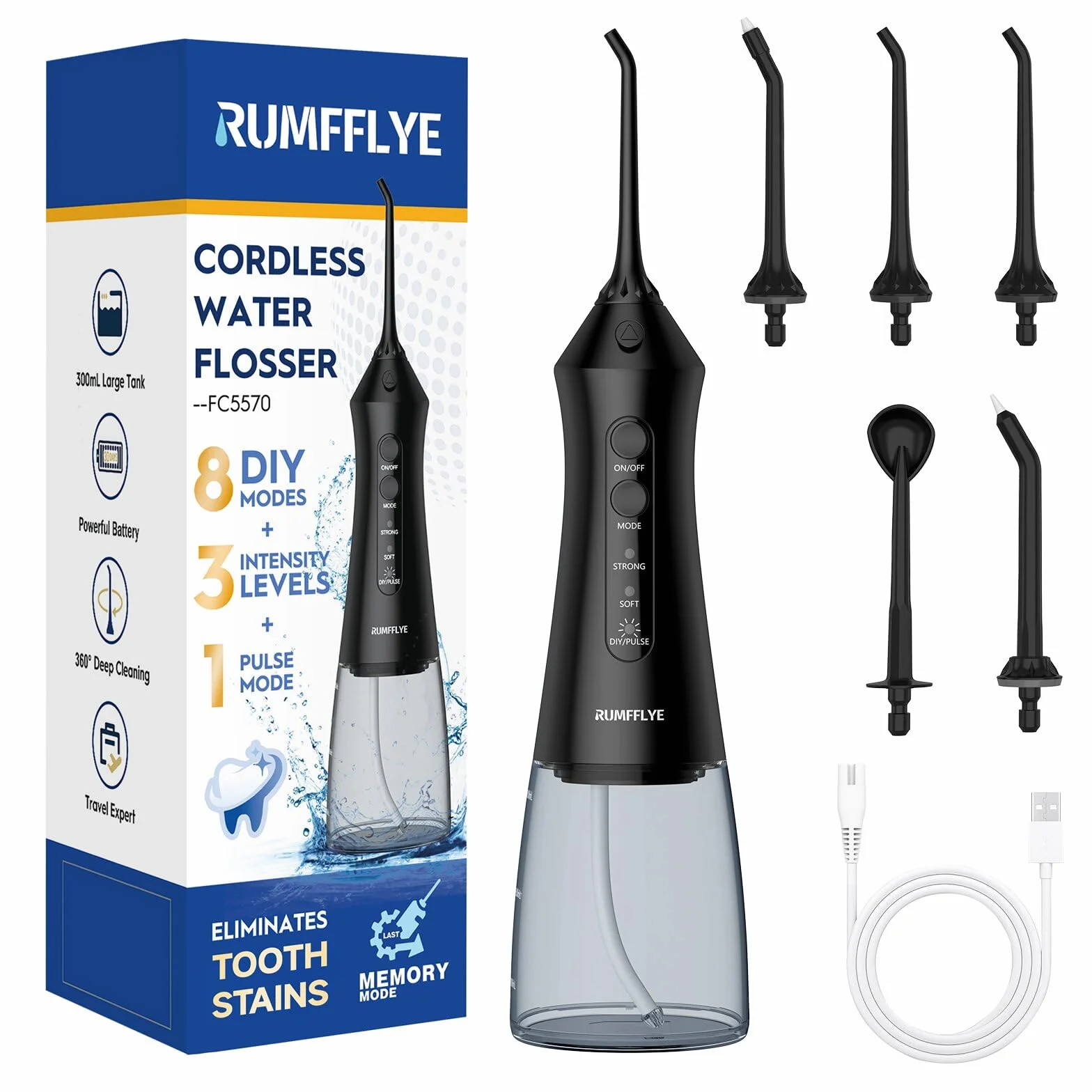 Munddusche Kabellos Elektrischer 8+3+1 Modi 5 Düsen 300ML IPX7 Water Flosser Schwarz