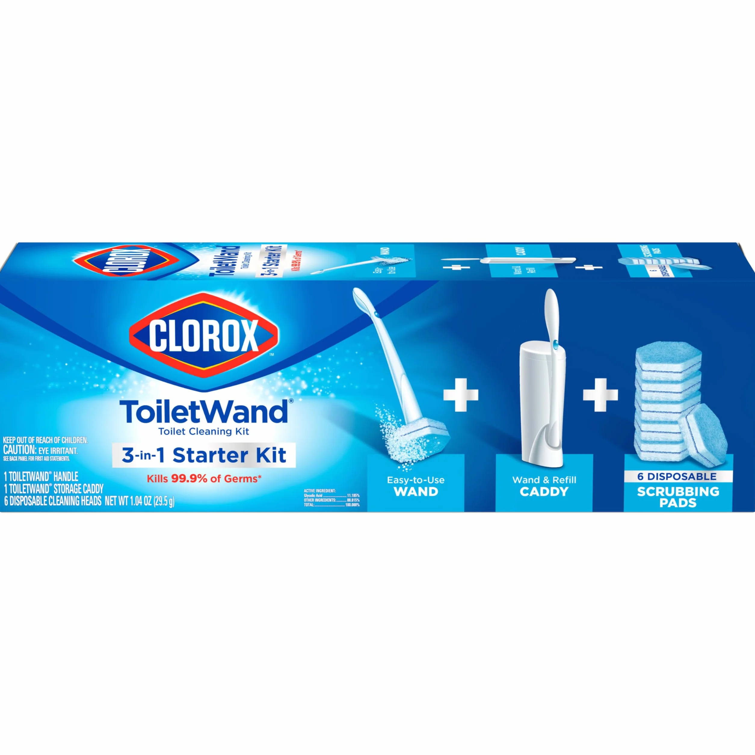 Clorox 03191 Jednorazowy system czyszczenia toalety z 6 głowicami do dezynfekcji różdżki toaletowej, biały/niebieski, 8 sztuk