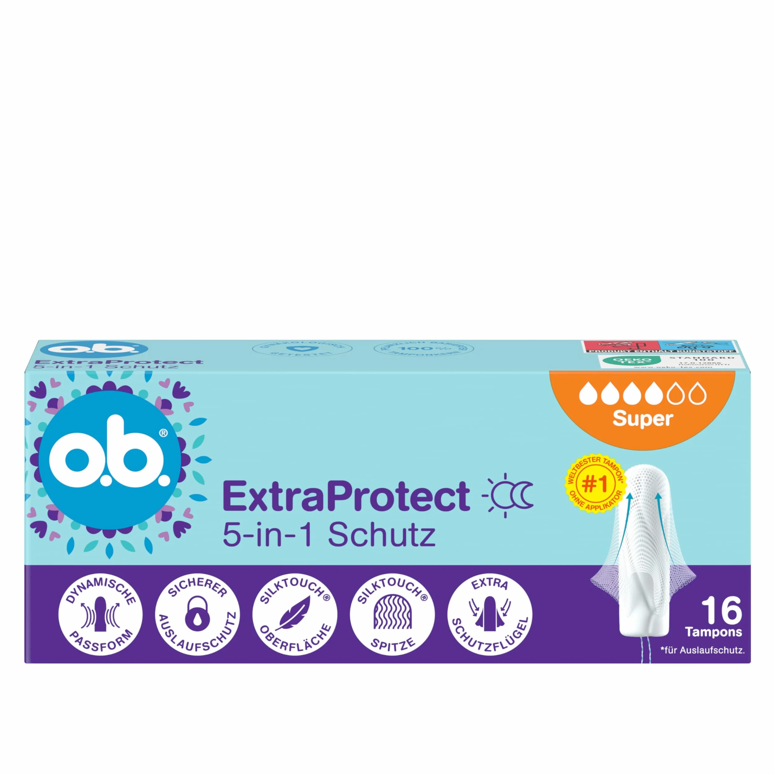 o.b. ExtraProtect 5 w 1 tampony ochronne 5 x 16 szt. z dodatkowymi skrzydłami