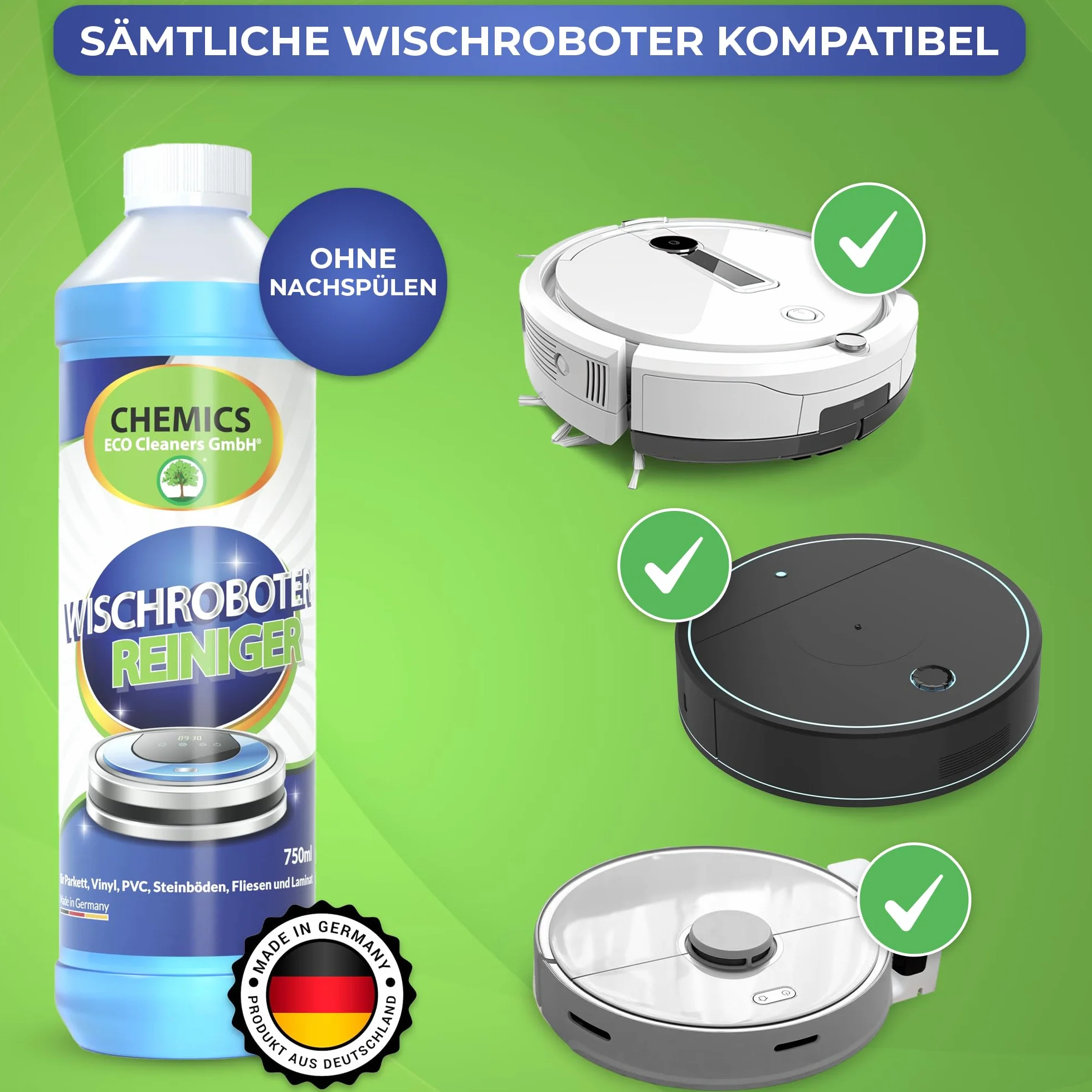 CHEMICS koncentrat środka czyszczącego do robotów myjących - 1L, biodegradowalny, szybkoschnący, środek do czyszczenia podłóg do parkietu i innych twardych podłóg, specjalnie do Roborock i innych