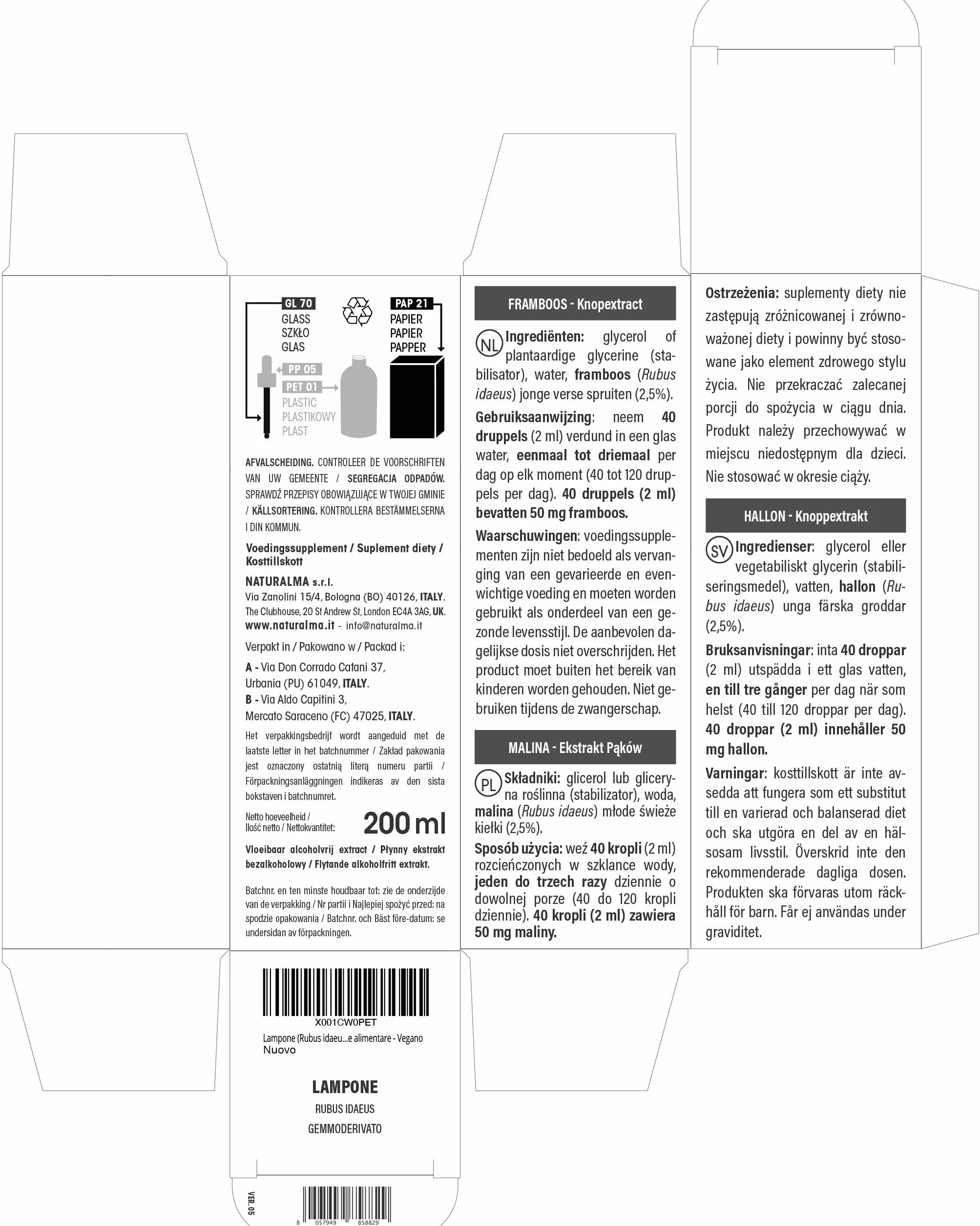 Malina (Rubus idaeus) Bezalkoholowy ekstrakt ze świeżych pączków Naturalma - Płynny ekstrakt w kroplach 200 ml - Suplement diety - Wegański