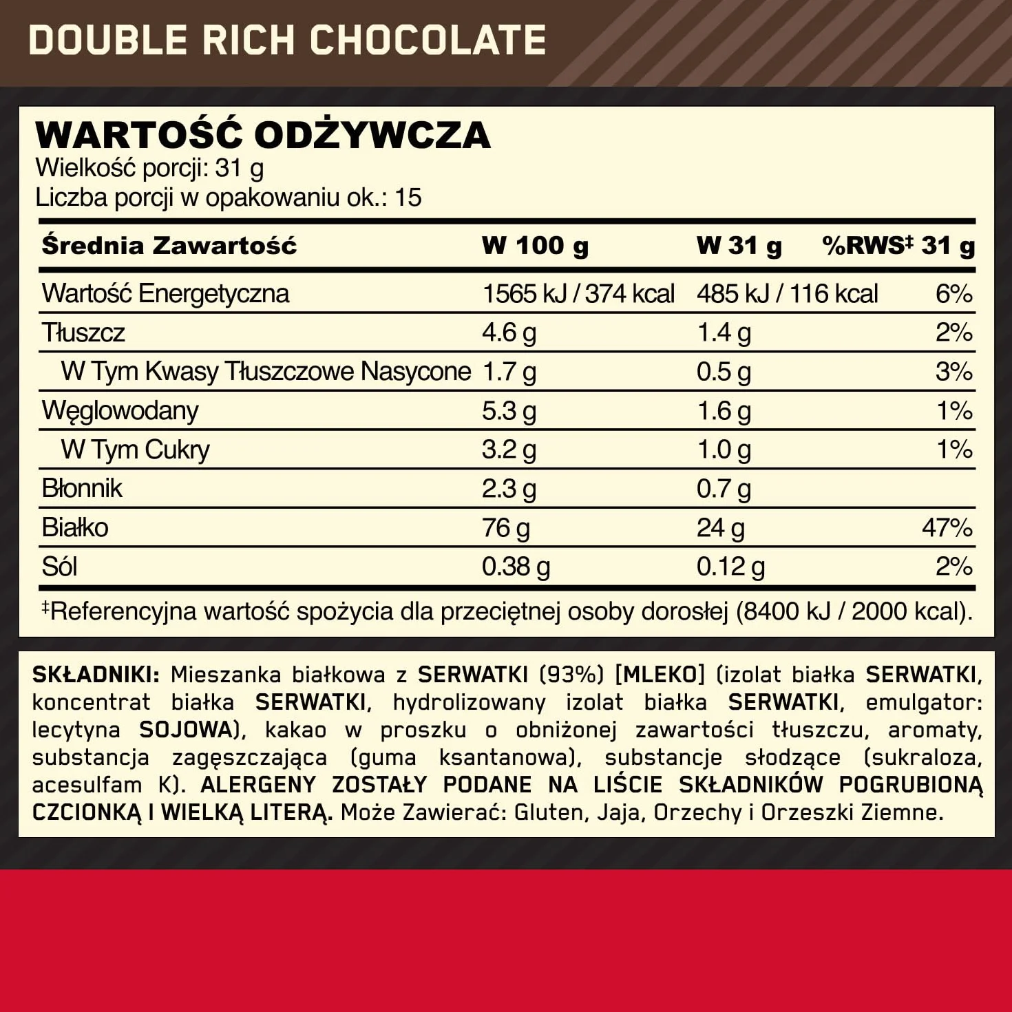 Optimum Nutrition Gold Standard 100% Whey, Koncentrat Białka Serwatkowego, Izolat i Hydrolizat Serwatki, BCAA, Glutamina, Wzrost i Naprawa Mięśni, Smak Podwójna Czekolada, 15 porcji, 465g