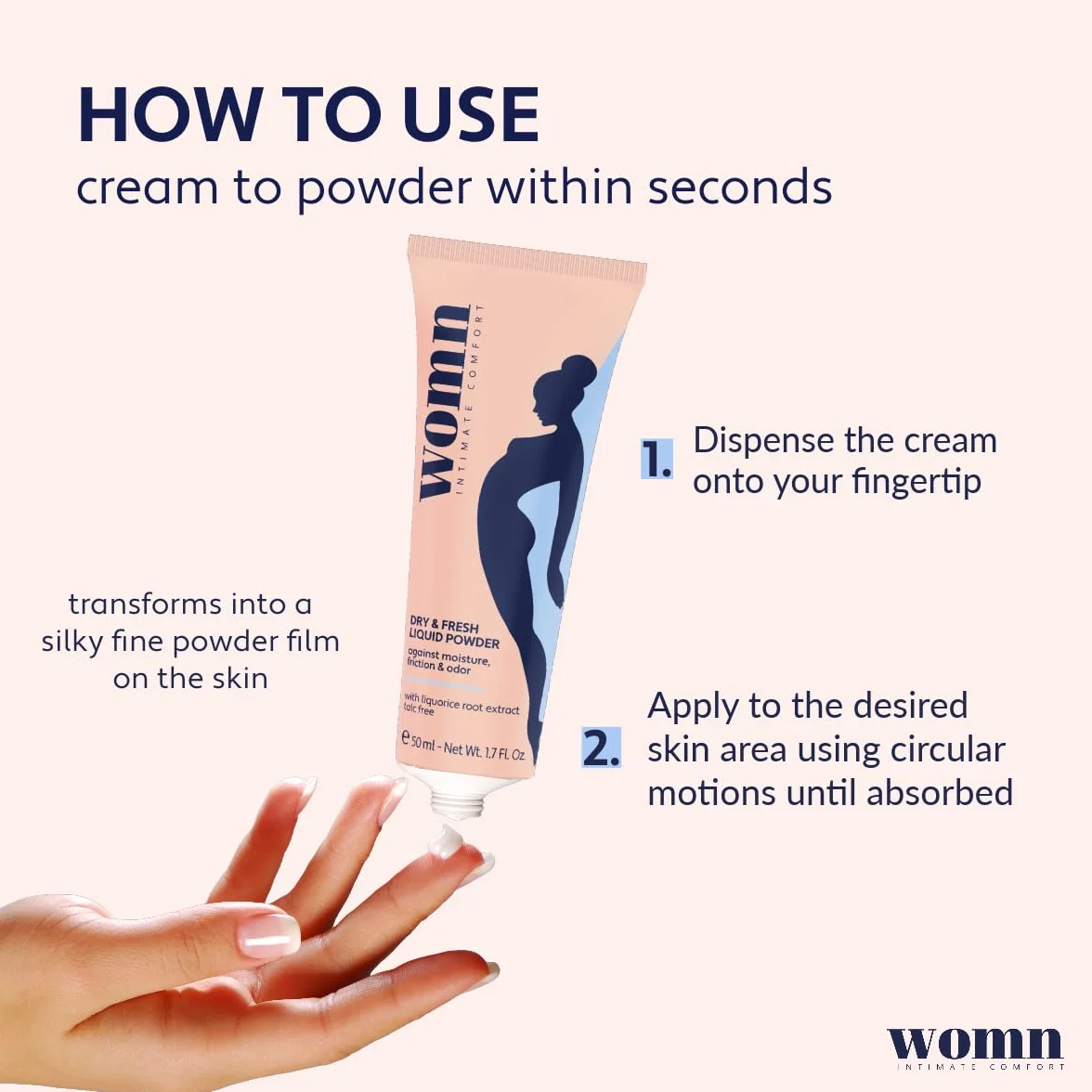 womn Intimate Comfort Dry & Fresh Liquid Powder – płynny puder do ciała, bez talku, przeciw wilgoci, otarciom i nieprzyjemnym zapachom, 50 ml