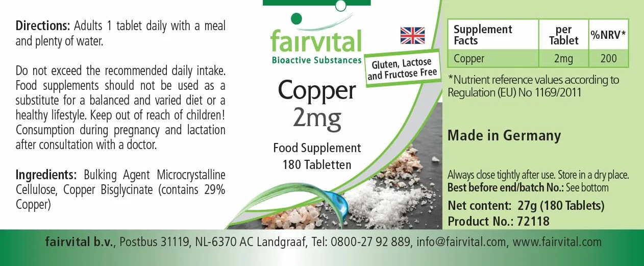Fairvital | Miedź 2mg – 180 tabletek – bisglicynian miedzi – sprawdzona jakość i wysoka dawka – 100% wegański – wyprodukowany w Niemczech