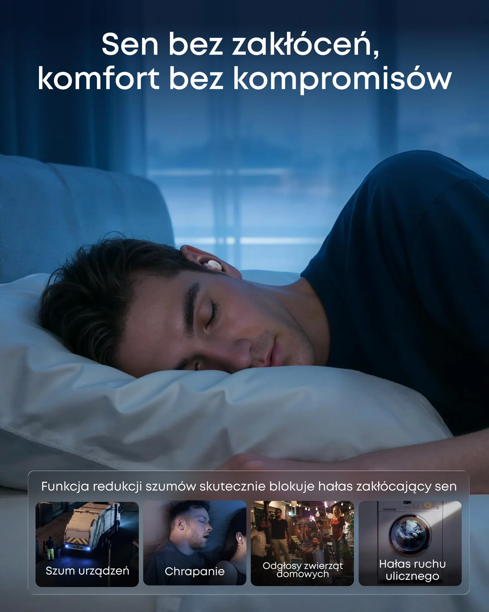 Słuchawki do spania soundcore Sleep A30 Anker, pasywna i aktywna redukcja hałasu, maskowanie chrapania, 10h odtwarzania