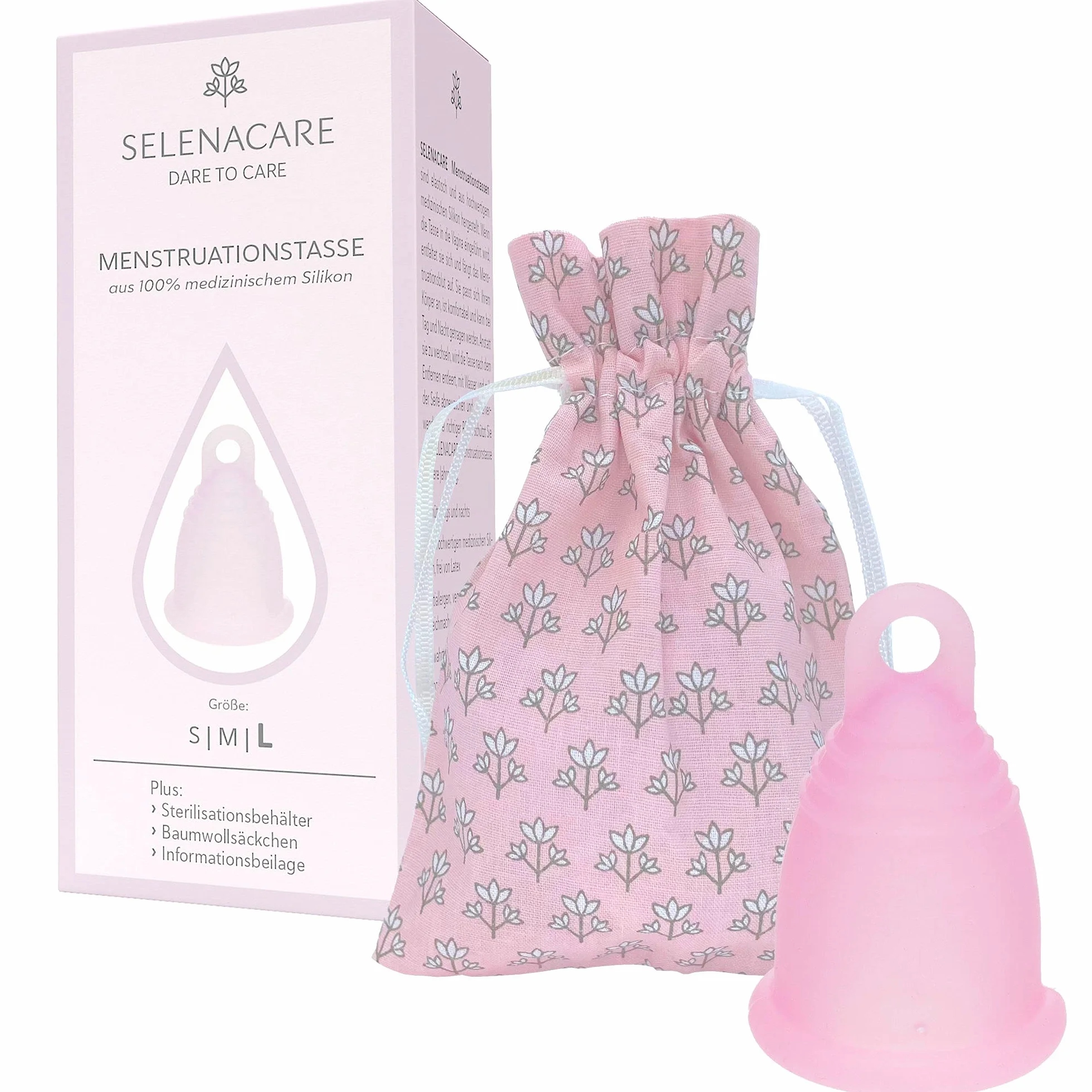 Selenacare Filiżanka menstruacyjna Premium L różowa z pojemnikiem i woreczkiem bawełnianym