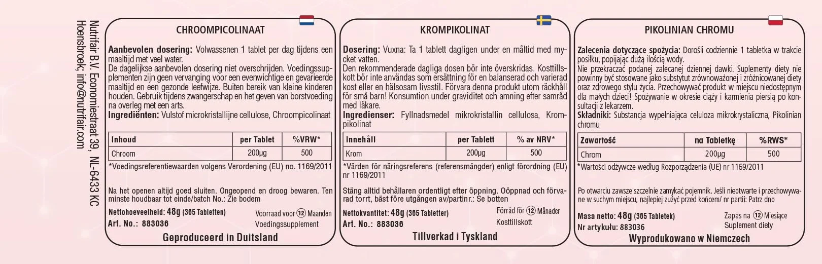 Pikolinian chromu 200μg 365 tabletek NutriFair normalny poziom cukru we krwi wegański
