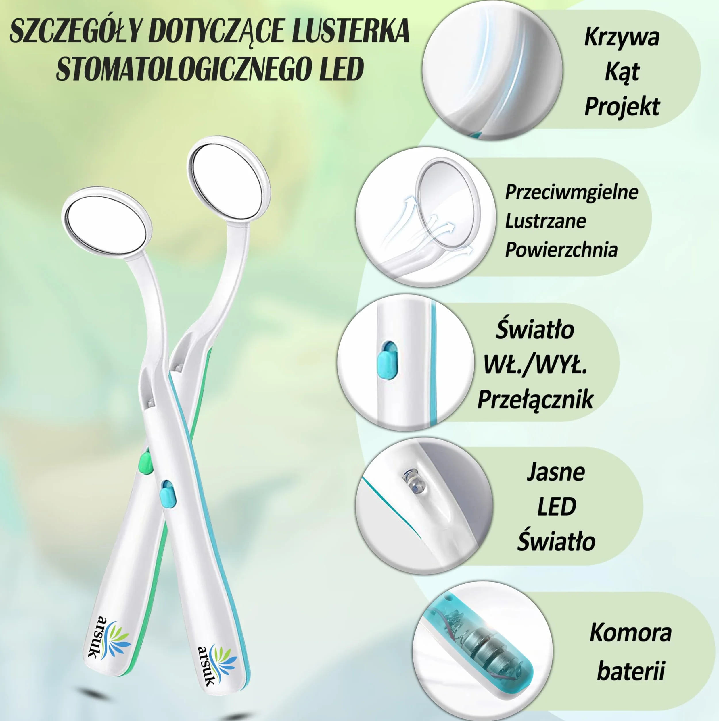 ARSUK Lusterko dentystyczne ze światłem przeciwmgielnym, lusterko dentystyczne LED do kontroli zębów, pielęgnacja jamy ustnej, 5,90 cala (15 cm) niebiesko-zielone opakowanie 2 szt.