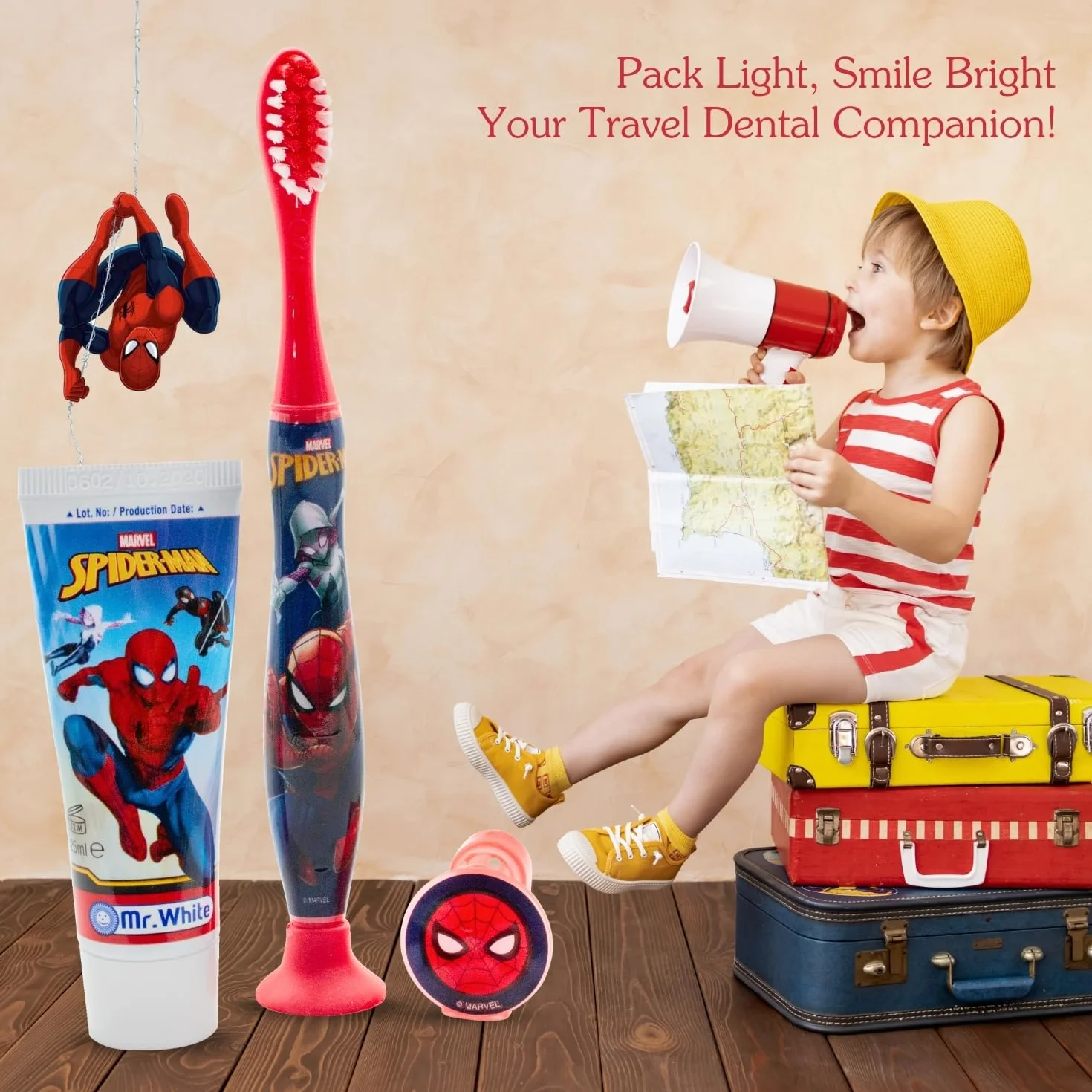 Mr.White Spider-Man zestaw podróżny dla dzieci 3 przybory toaletowe szczoteczka do zębów pasta 25 ml czapka