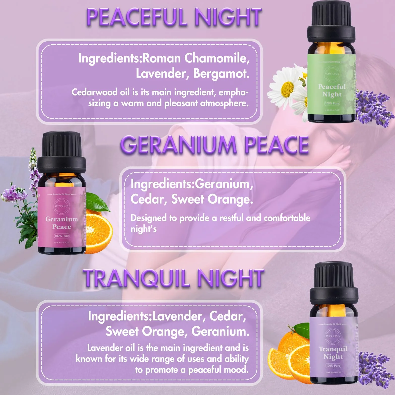 Zestaw olejków eterycznych do spania - Sage Joy, Nighttime Harmony, Vetiver Harmony, Peaceful Night, Geranium Peace, Tranquil Night - Aromaterapia i dyfuzor