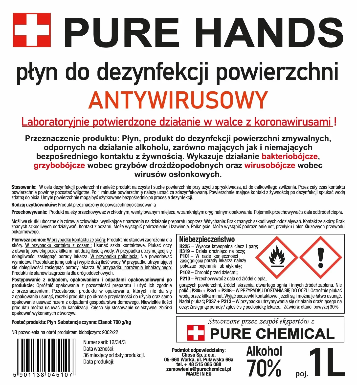 PURE CHEMICAL Płyn Do Dezynfekcji Powierzchni Pure Hands 70% (1litr)