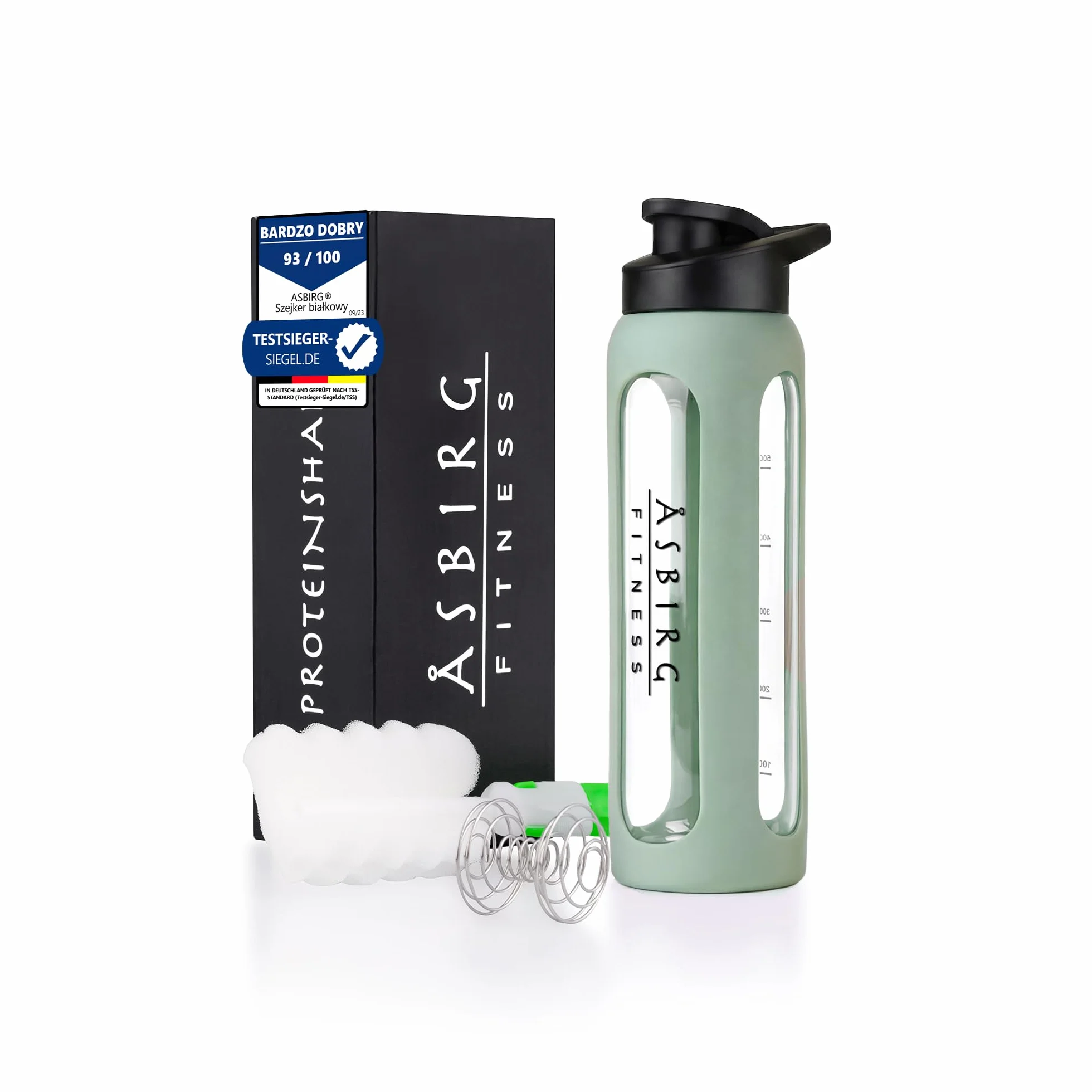 Szklany shaker do białka 700 ml butelka sportowa z silikonową osłonką szczelna pokrywka kulka miksująca stal nierdzewna Pastelowa Zieleń