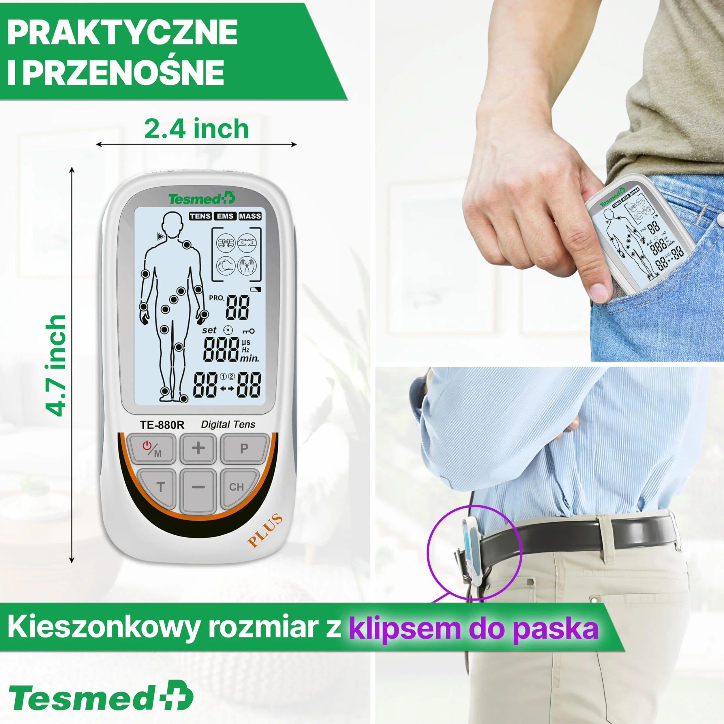 TESMED TE-880R Plus elektrostymulator mięśni do wielokrotnego ładowania, EMS, TENS, masaż: 73 programów Cui 2 konfigurowalne - działa z 8 elektrodami