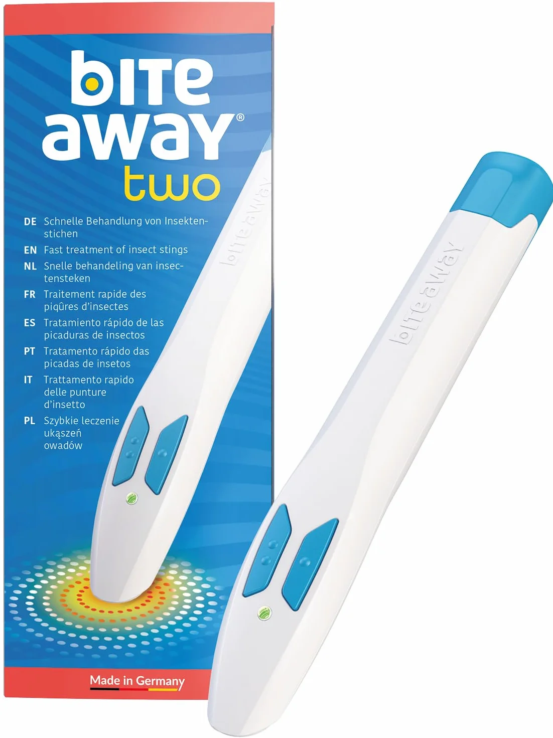 bite away two; oryginalny produkt na ukąszenia; elektroniczny środek na ukąszenia owadów do szybkiego leczenia ukąszeń komarów; sprawdzony klinicznie i przetestowany dermatologicznie