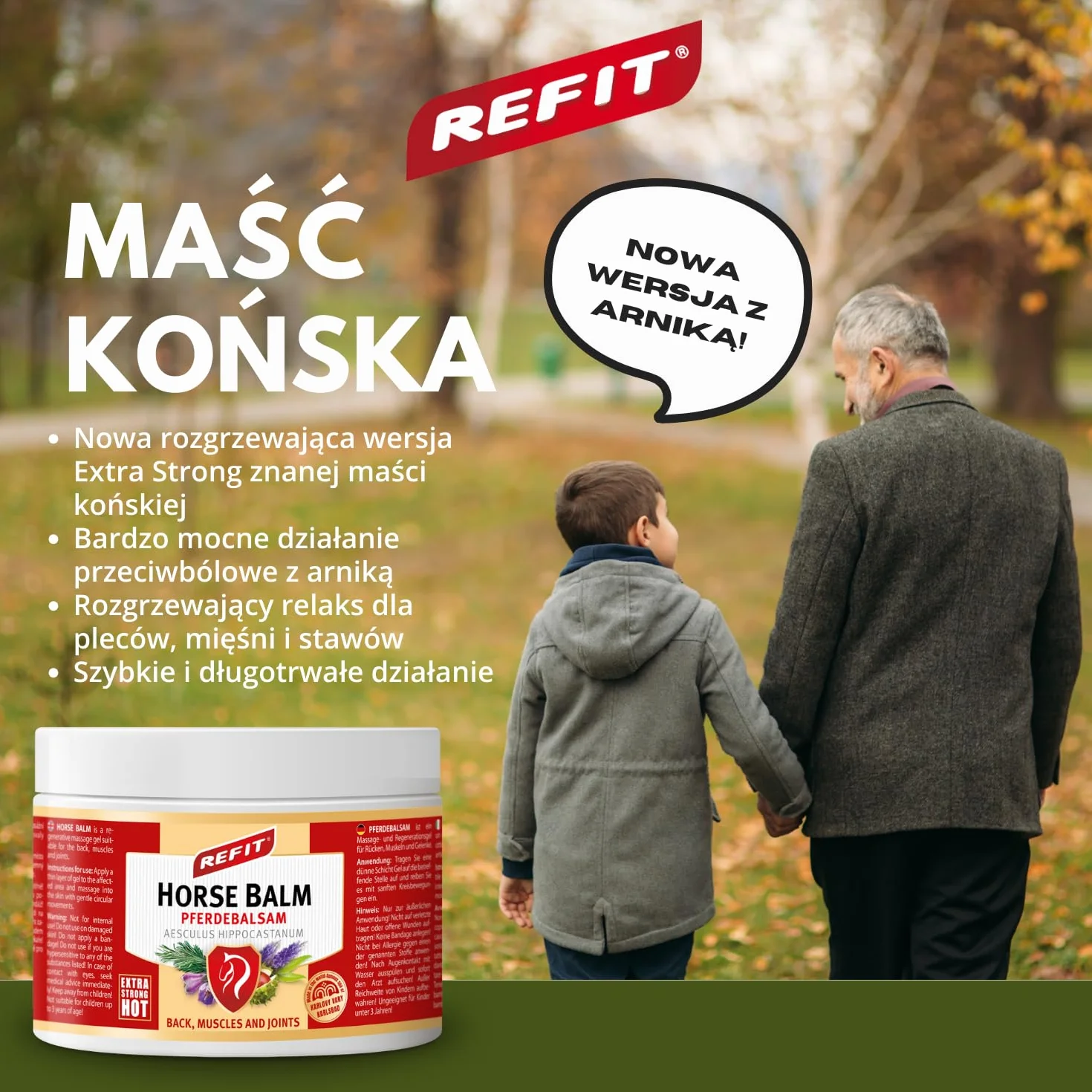 Refit Maść Końska Extra Mocna HOT XXL 500 ml – Silnie Rozgrzewająca maść z Arniką, Żel Przeciwbólowy, Arnika, Skuteczny Żel na Bóle, Natychmiastowe i Długotrwałe Działanie, Plecy, Mięśnie i Stawy