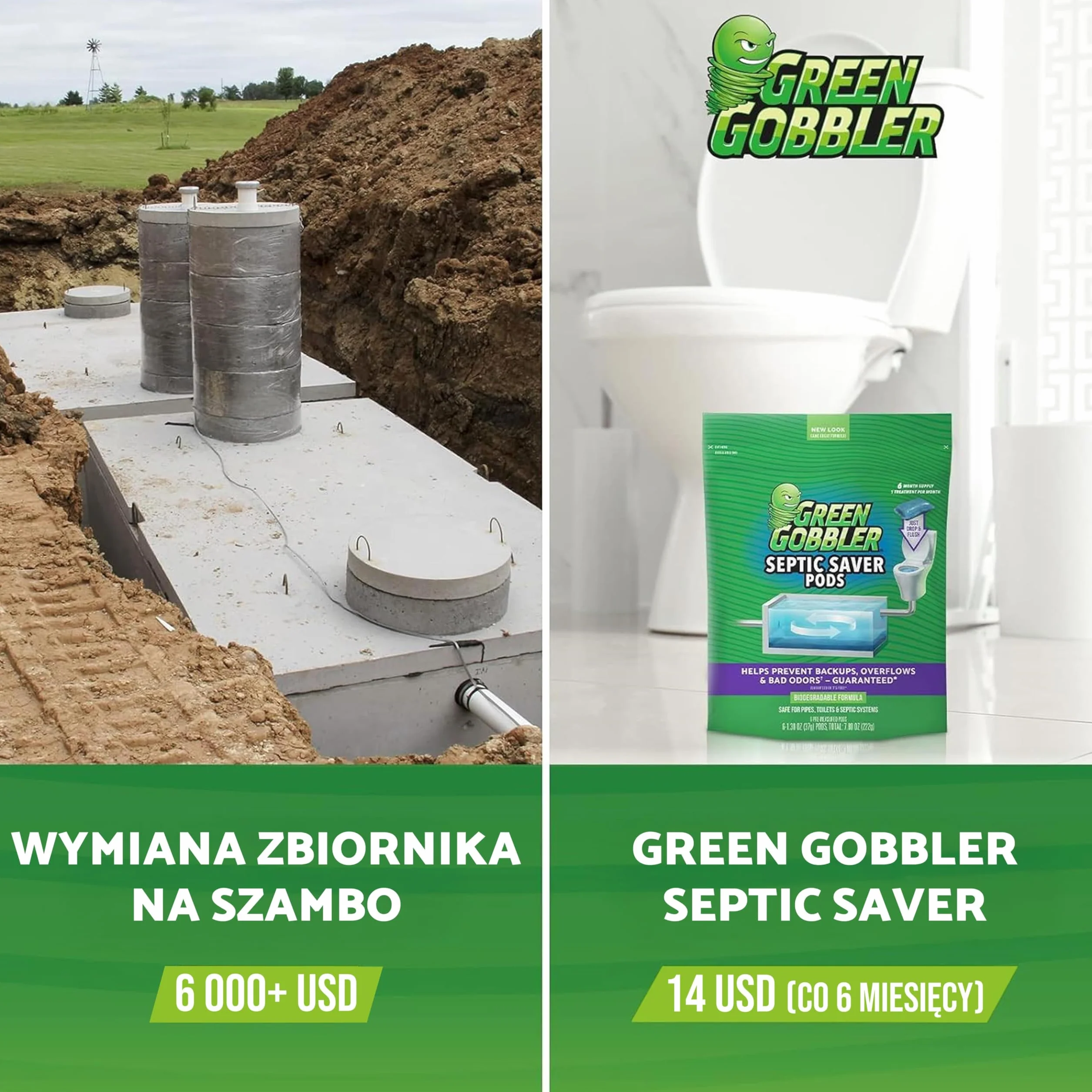 Green Gobbler Septic Saver Pods 6 kapsułek 222g środek do oczyszczania szamba enzymy bakteryjne