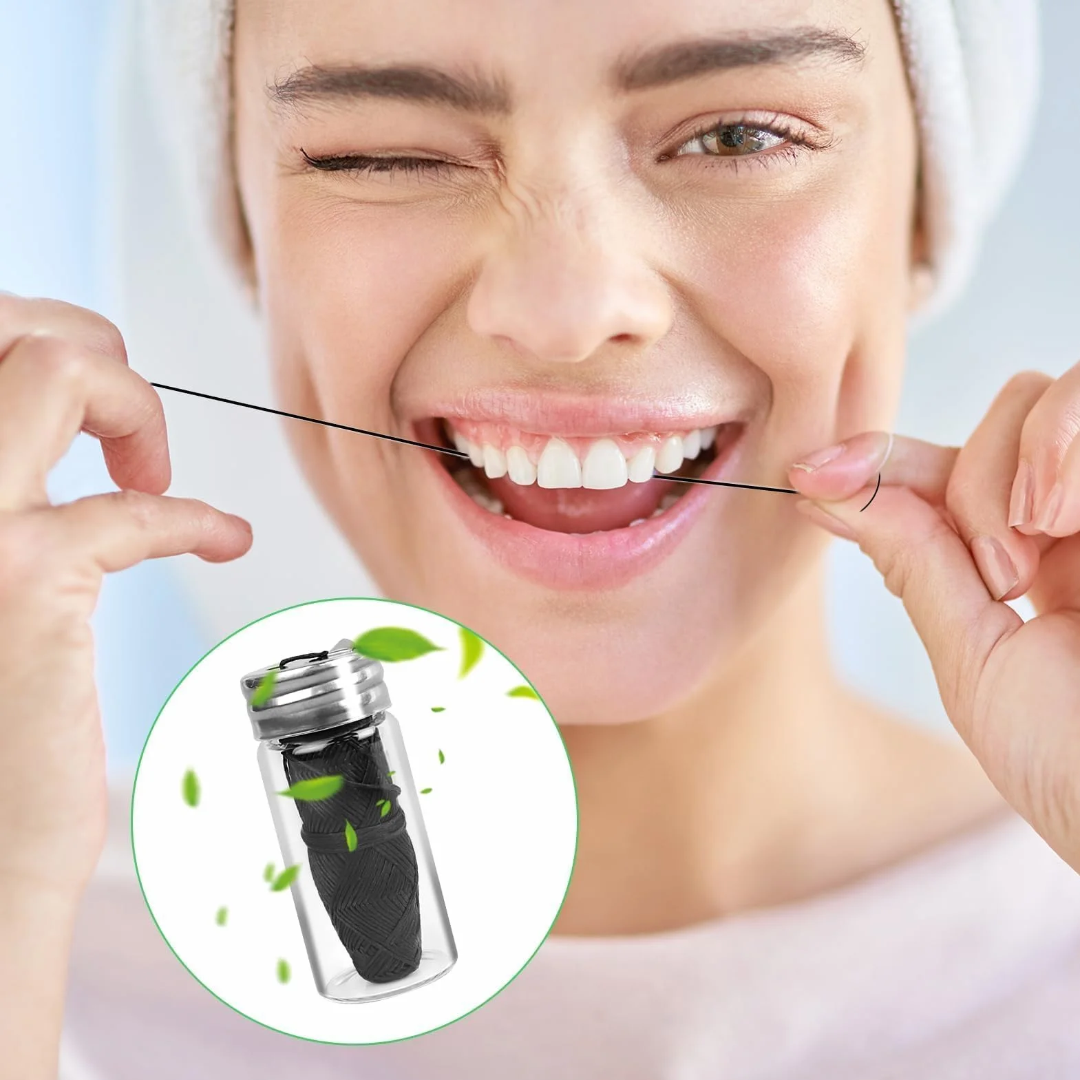 Black Zestaw 2 naturalnych nici dentystycznych 3 x 30 m do wielokrotnego użytku w nici dentystycznej w szklanej fiolce - środek do czyszczenia zębów nici dentystycznej w szklanej fiolce