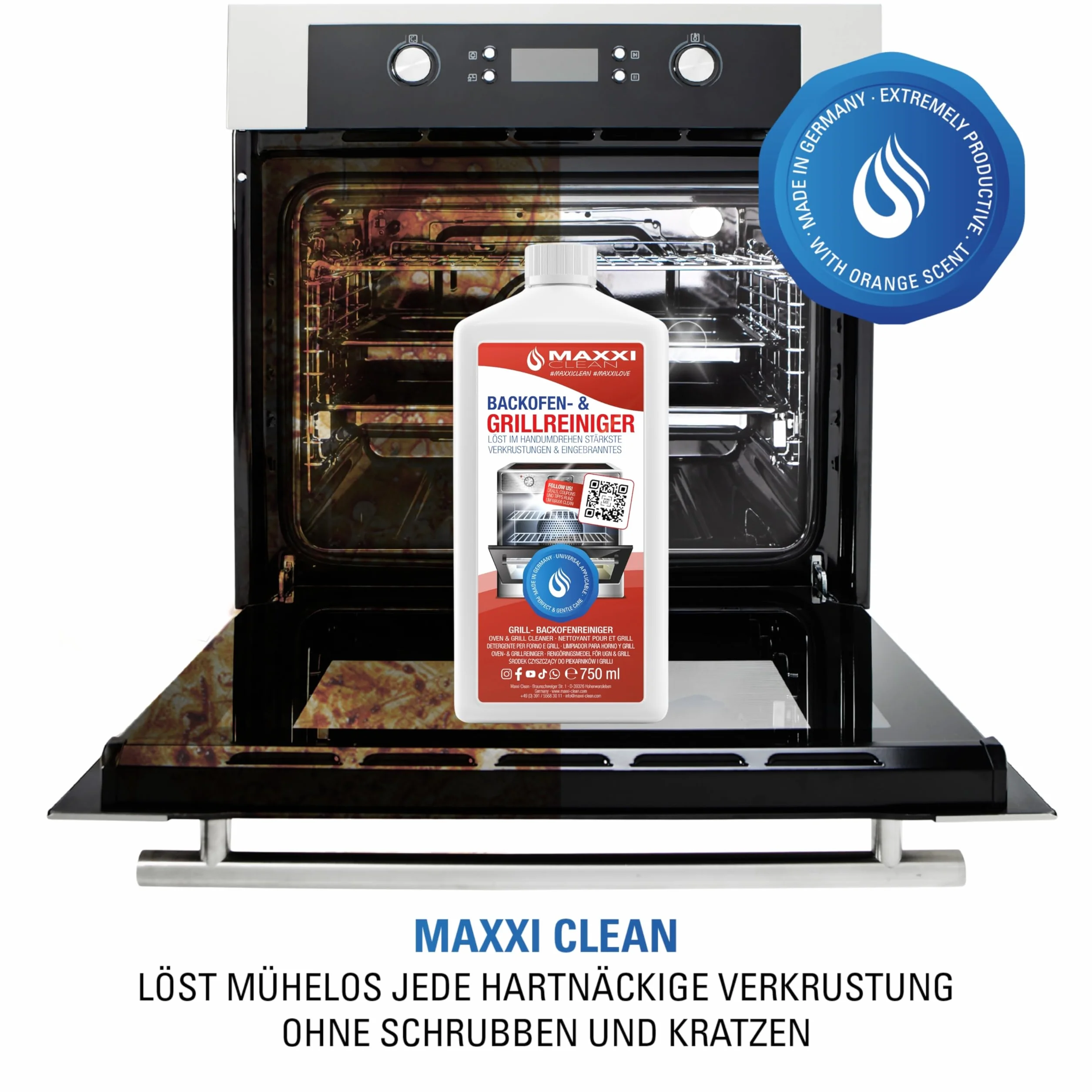 MAXXI CLEAN | Ekstra mocny środek do czyszczenia piekarników i grillów | 750 ml żelowej pasty | samoczynnie działający środek czyszczący i odtłuszczający | do kuchenek i grillów