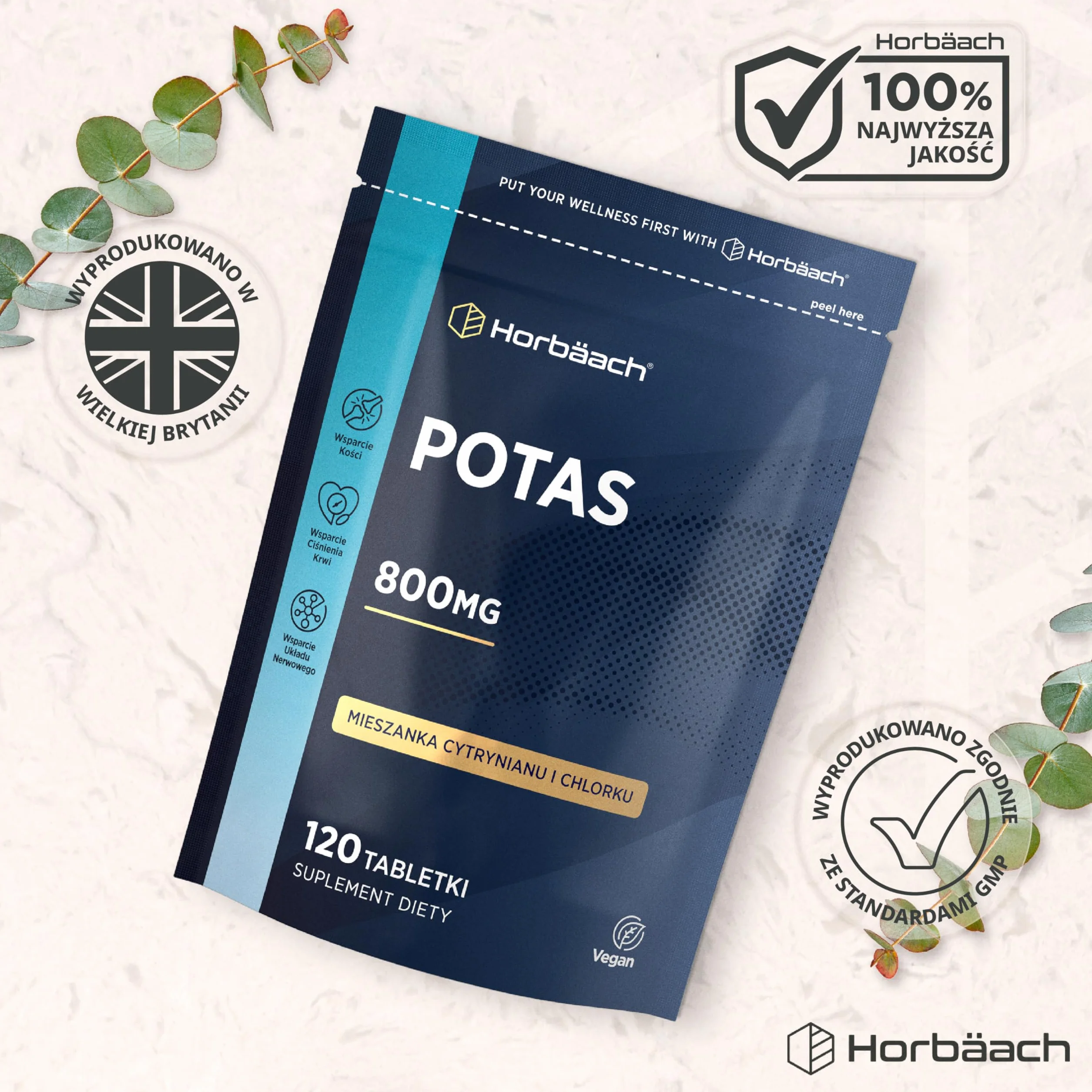 Potas Tabletki 800mg | Wysoka Dawka Cytrynianu Potasu | 120 Tabletek Wegańskich | Do Ciśnienia Krwi, Funkcji Mięśni i Układu Nerwowego | firmy Horbaach