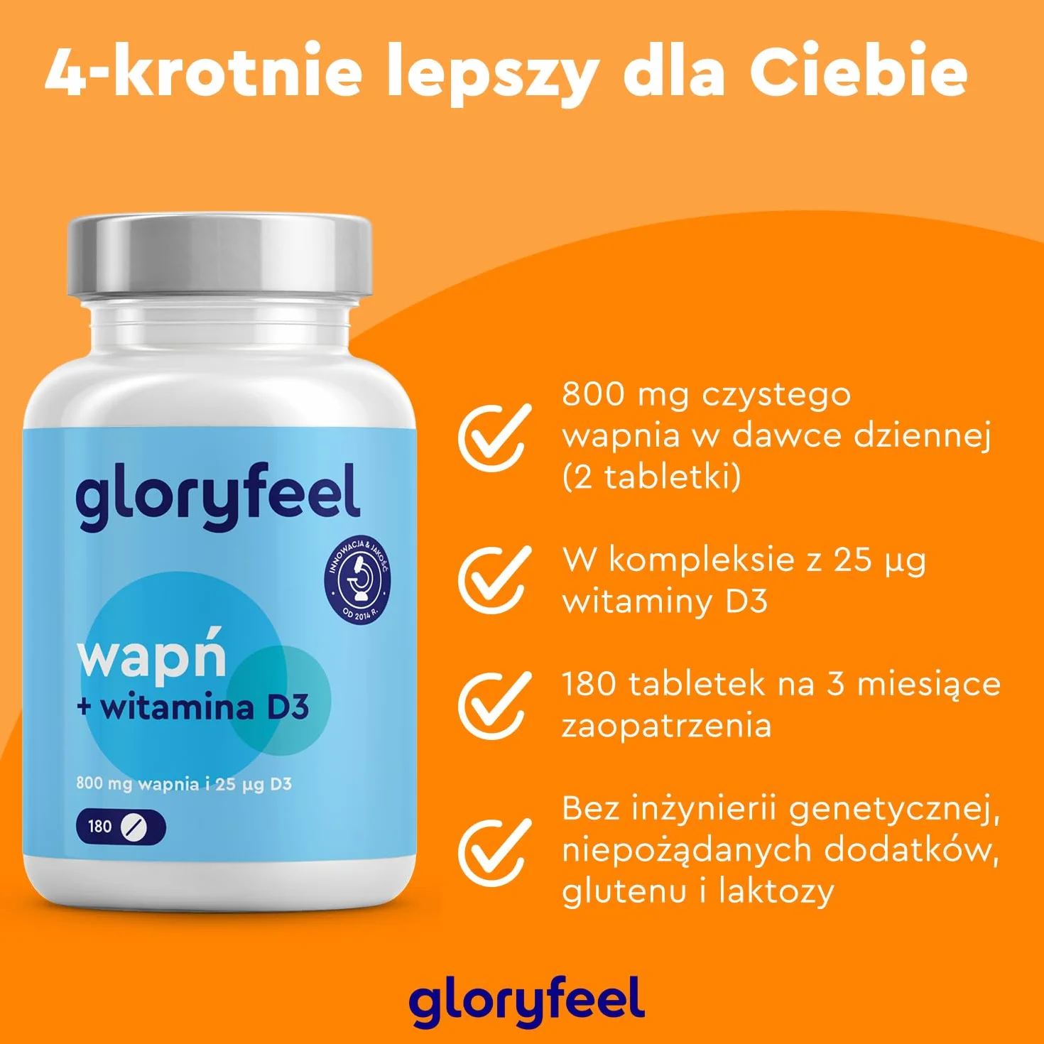 Wapń + witamina D3 - Wysoka dawka 800 mg węglanu wapnia + 1000 IU witaminy D3 na dawkę dzienną - 180 tabletek wegetariańskich (3 miesiące) - Testowane laboratoryjnie, bez dodatków