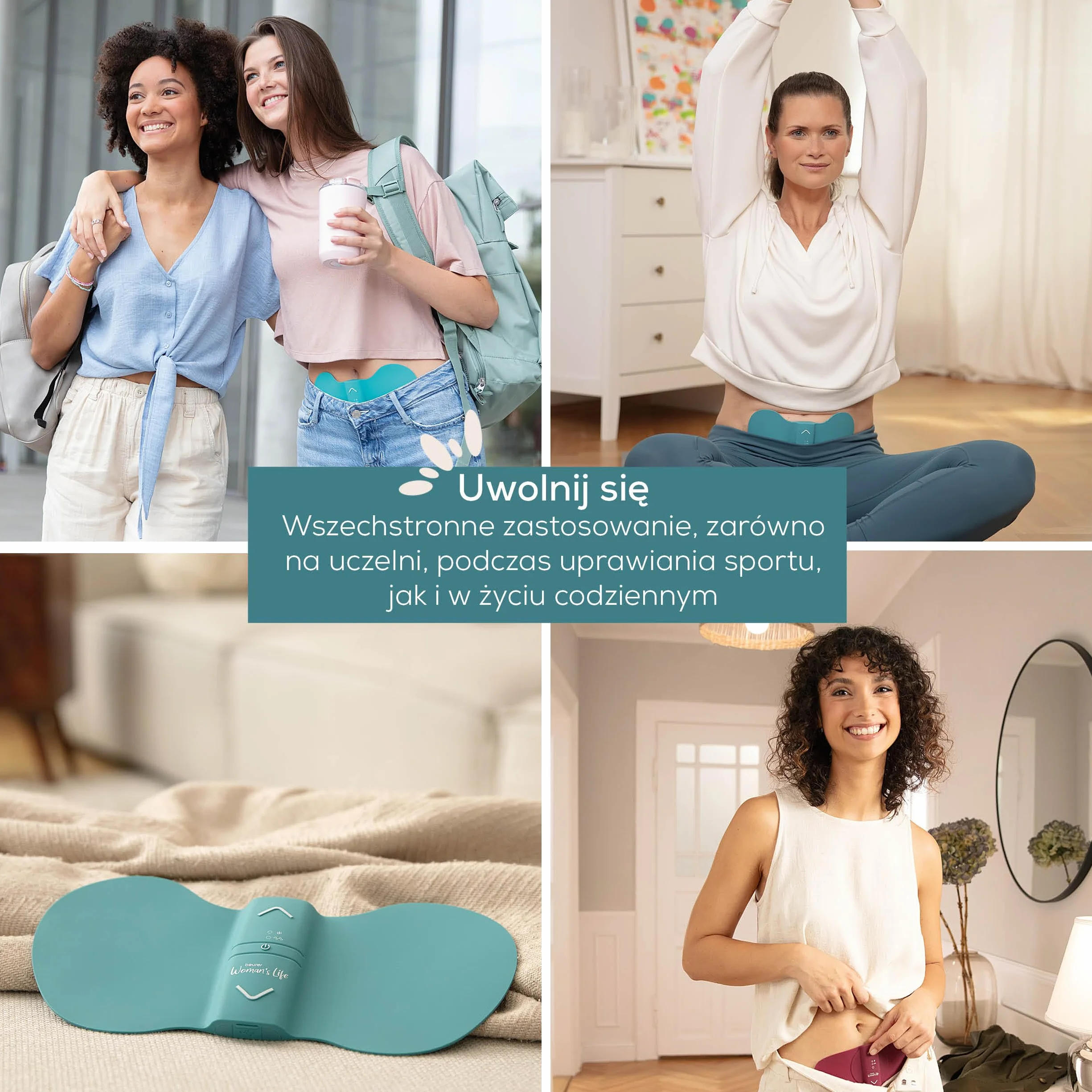 Beurer EM 55 Menstrual Relax+, przeciw bólowi menstruacyjnemu i bólowi spowodowanemu endometriozą, funkcja TENS i ciepła, z akumulatorem, większa powierzchnia grzewcza, turkusowy