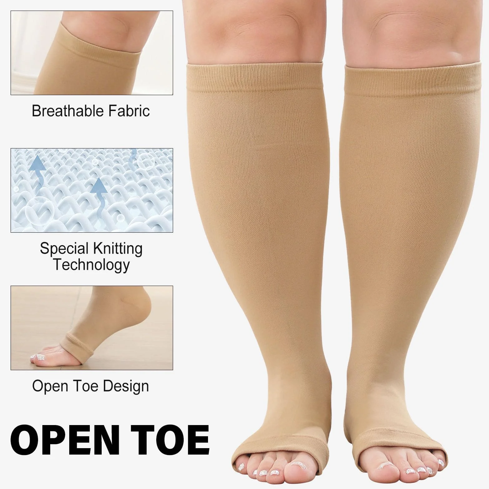 PUTUO Skarpety kompresyjne plus size: szerokie łydki stopniowane pończochy uciskowe dla mężczyzn kobiet otwarte palce duże skarpety kompresyjne dla wsparcia podróży samolotem ciąża 20-30 mmHg 1 para