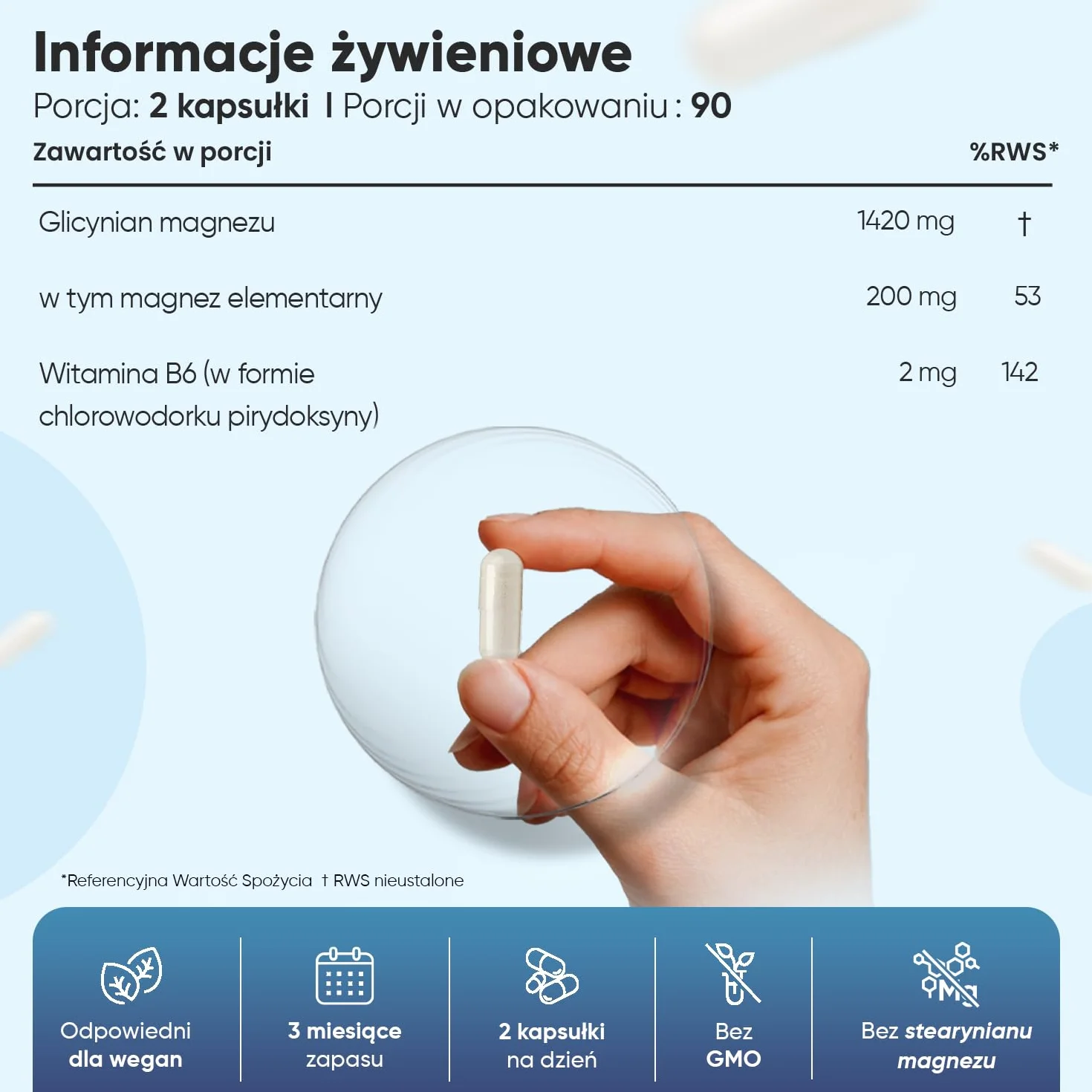 Glicynian magnezu 1422 mg z witaminą B6 180 kapsułek wegańskich 200 mg magnezu bez GMO