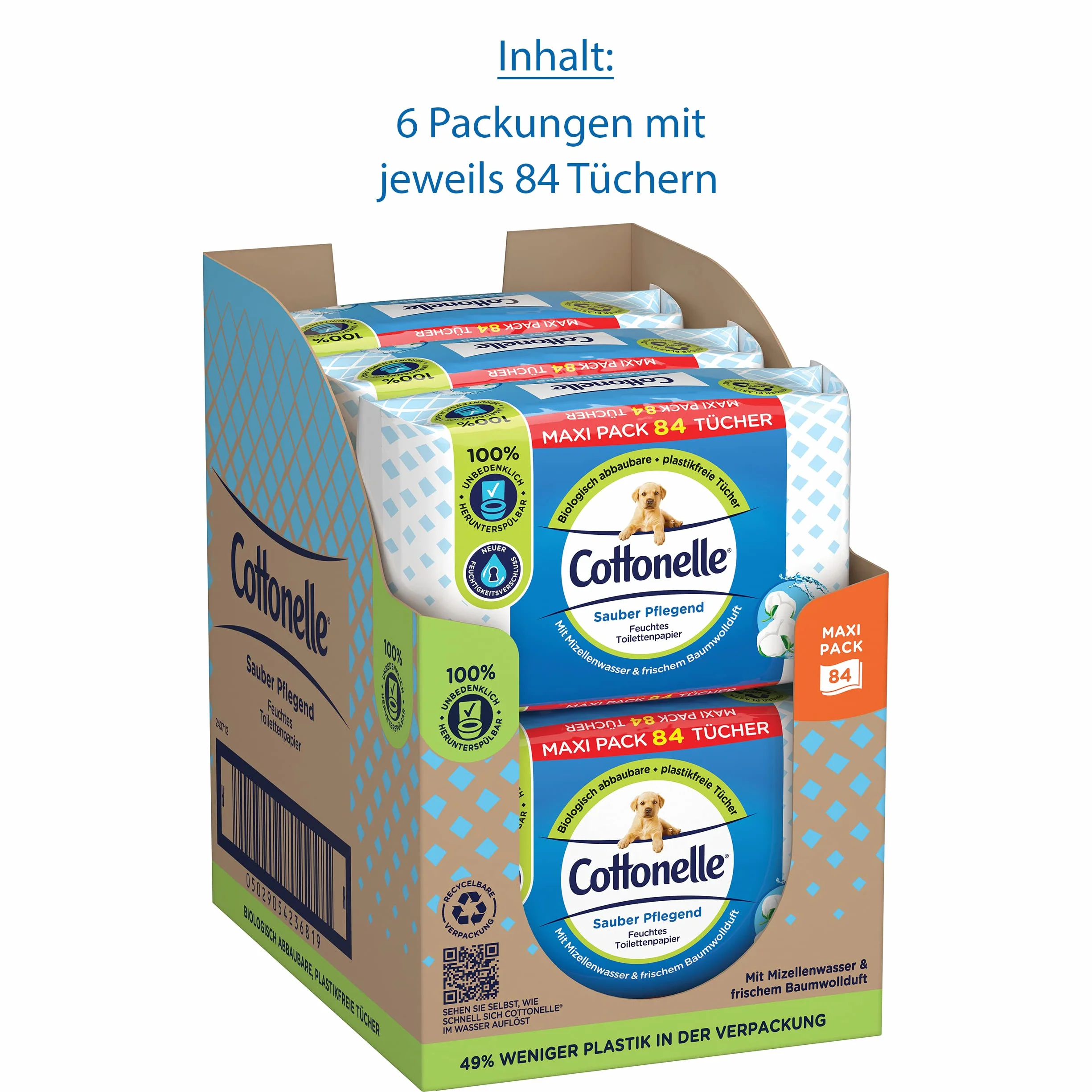 Cottonelle Wilgotny papier toaletowy, czysty, pielęgnacyjny, woda micelarna i zapach bawełny, opakowanie maksimum, 6 x 84 ściereczki toaletowe
